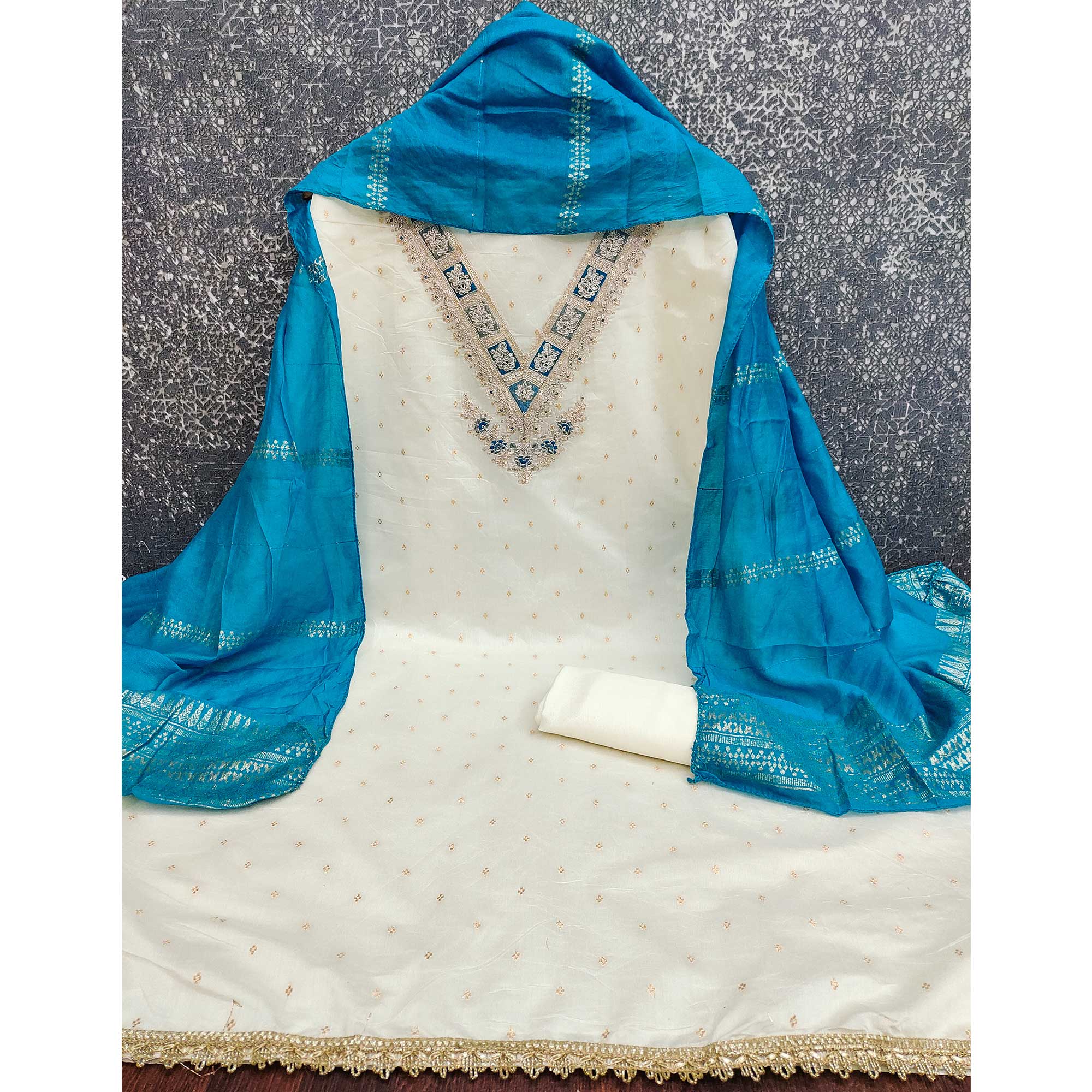 Off-White & Blue Chanderi Silk Unstitched Dress Material with Zari Weaving and Embroidery