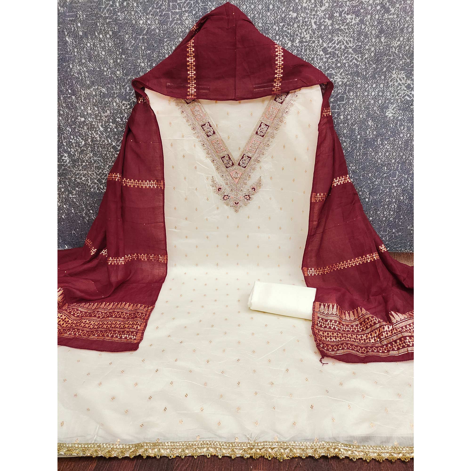 Off-White & Maroon Chanderi Silk Unstitched Dress Material with Zari Weaving and Embroidery