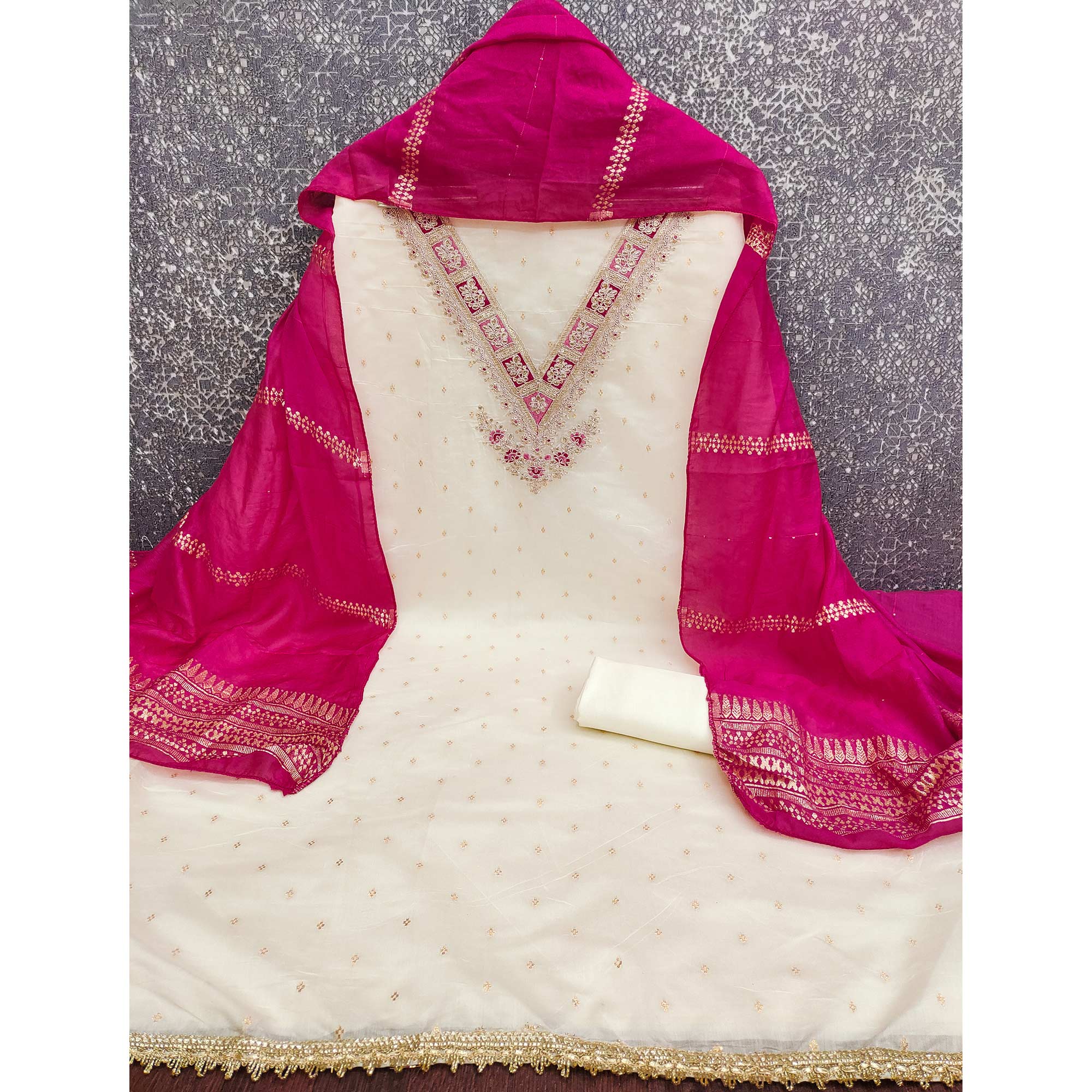 Off-White & Pink Chanderi Silk Unstitched Dress Material with Zari Weaving and Embroidery