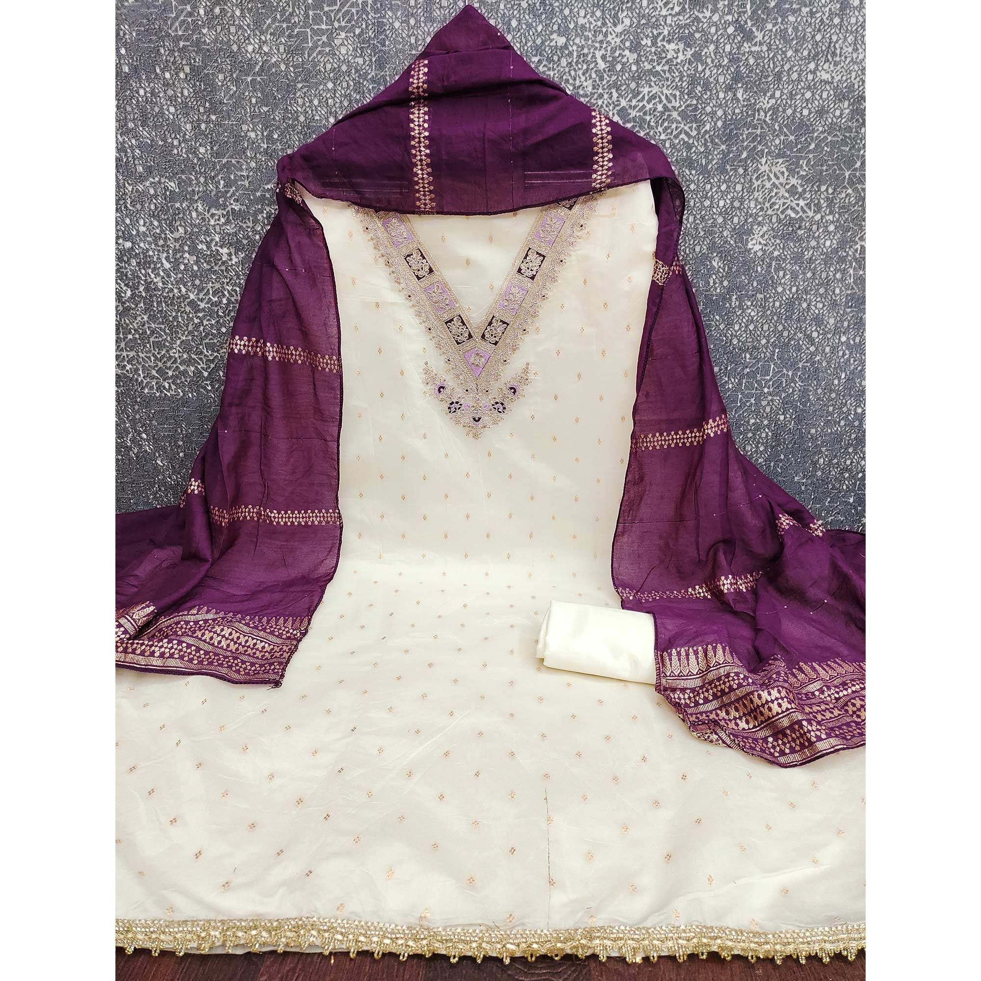 Off-White & Purple Chanderi Silk Unstitched Dress Material with Zari Weaving and Embroidery