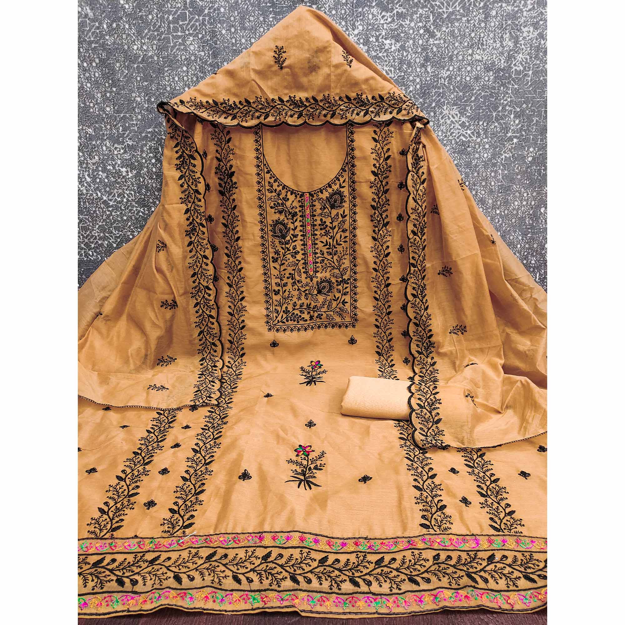 Chikoo Chanderi Cotton Dress Material Accented With Delicate Floral Thread Work