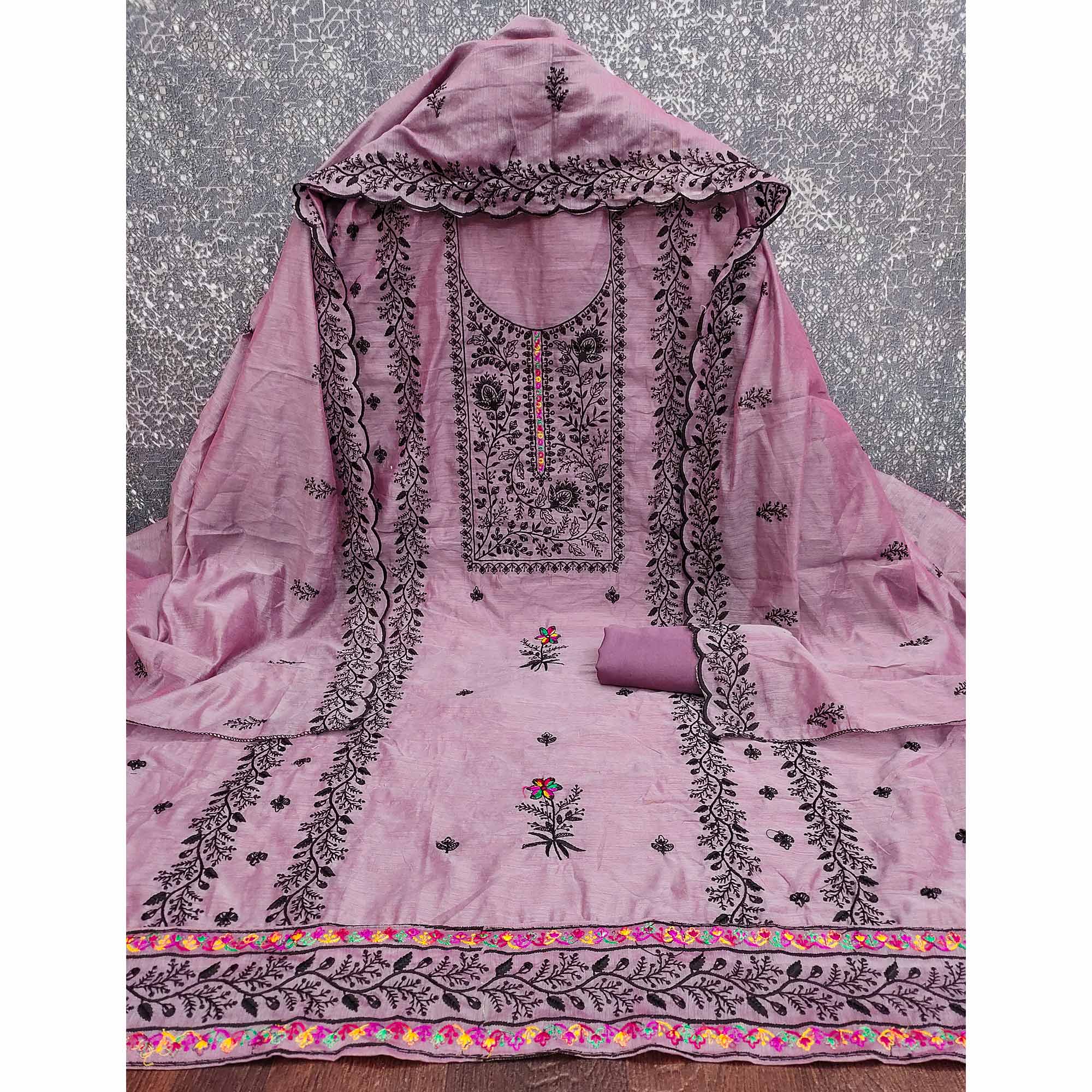 Lavender Chanderi Cotton Dress Material Accented With Delicate Floral Thread Work