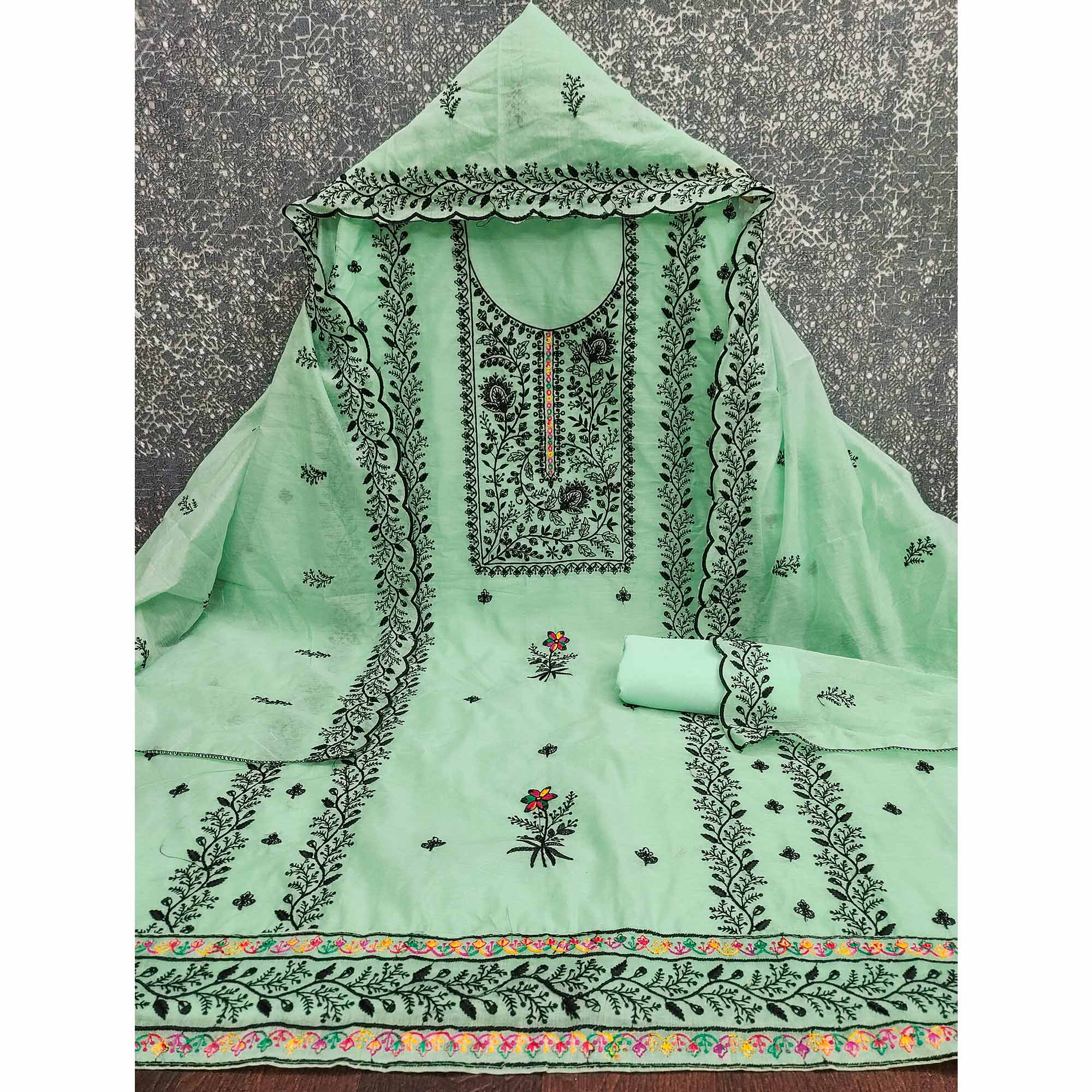 Sea Green Chanderi Cotton Dress Material Accented With Delicate Floral Thread Work