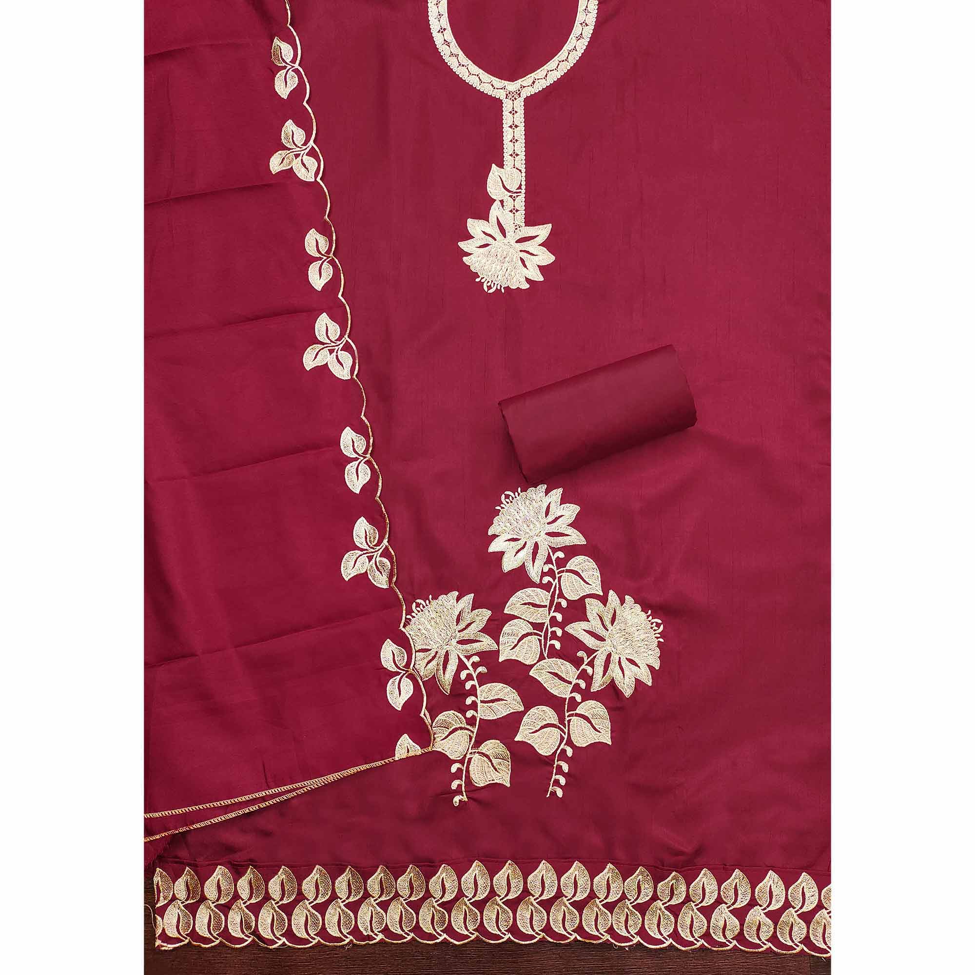 Classic Maroon Heavy Embroidered Cotton Blend Dress Material With Floral Thread Detailing