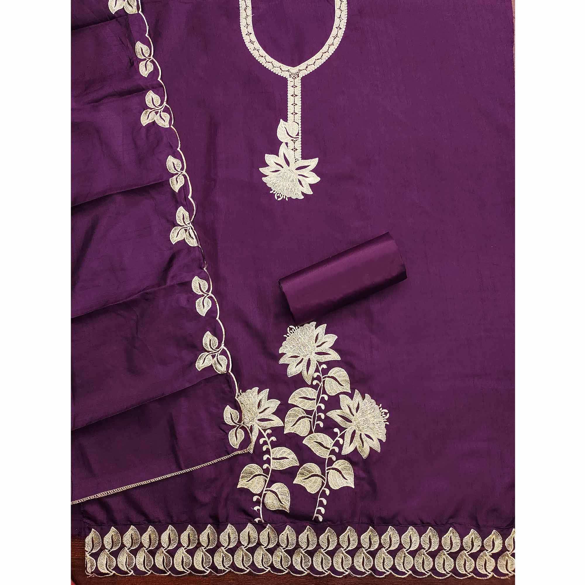Classic Purple Heavy Embroidered Cotton Blend Dress Material With Floral Thread Detailing