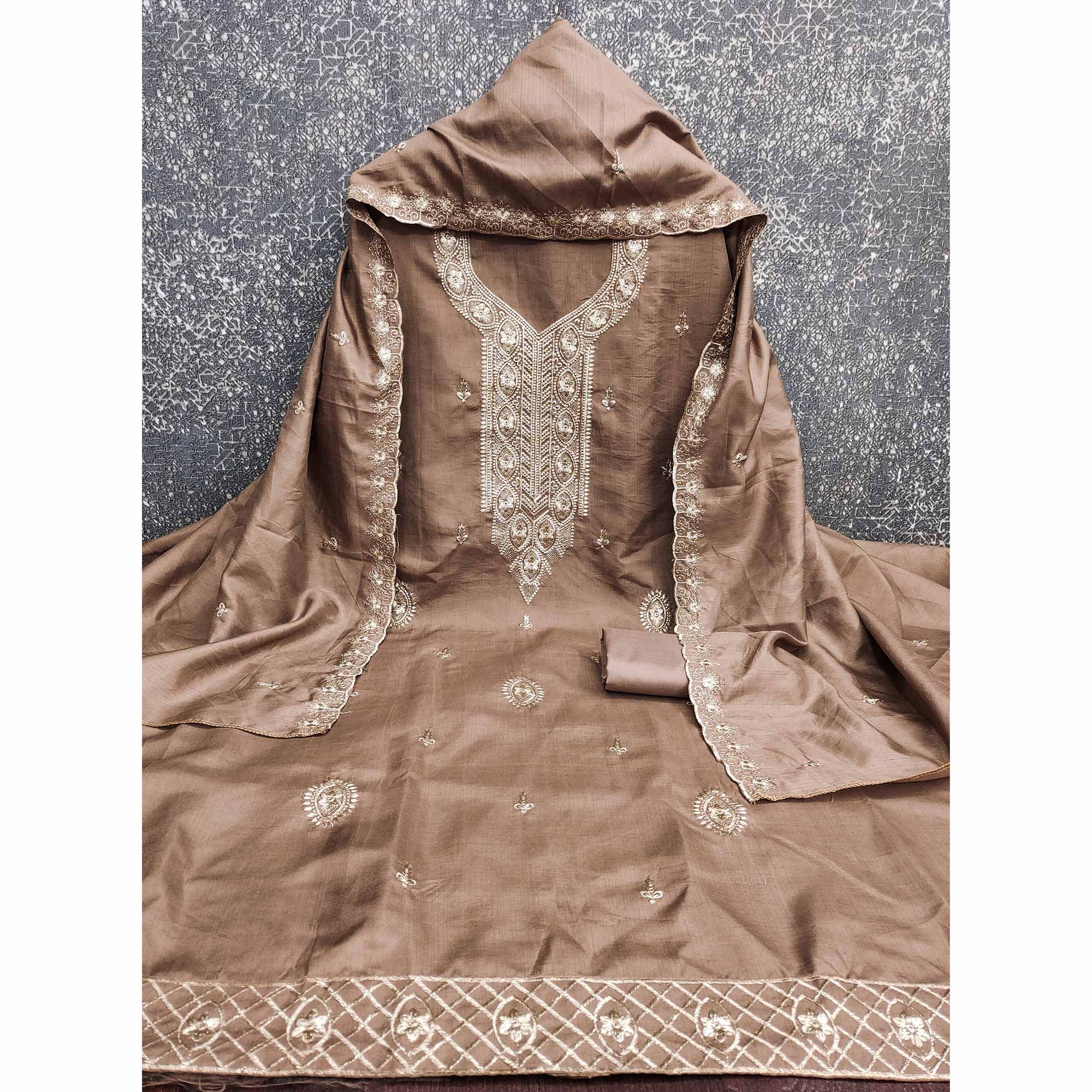 Brown Dress Material In Cotton Blend Featuring Exquisite Floral Embroidery