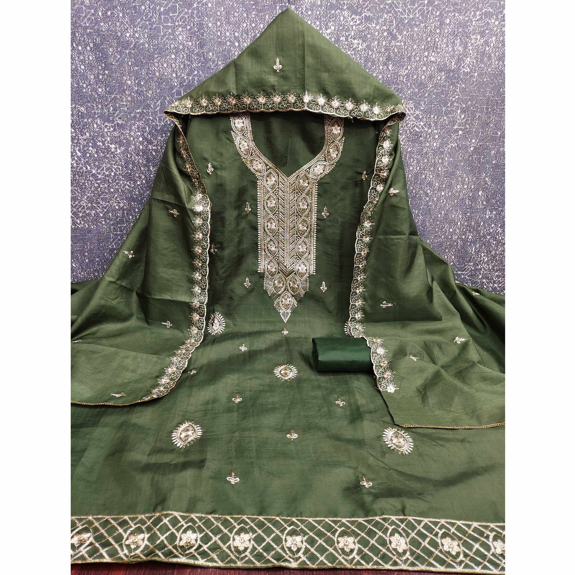 Green Dress Material In Cotton Blend Featuring Exquisite Floral Embroidery