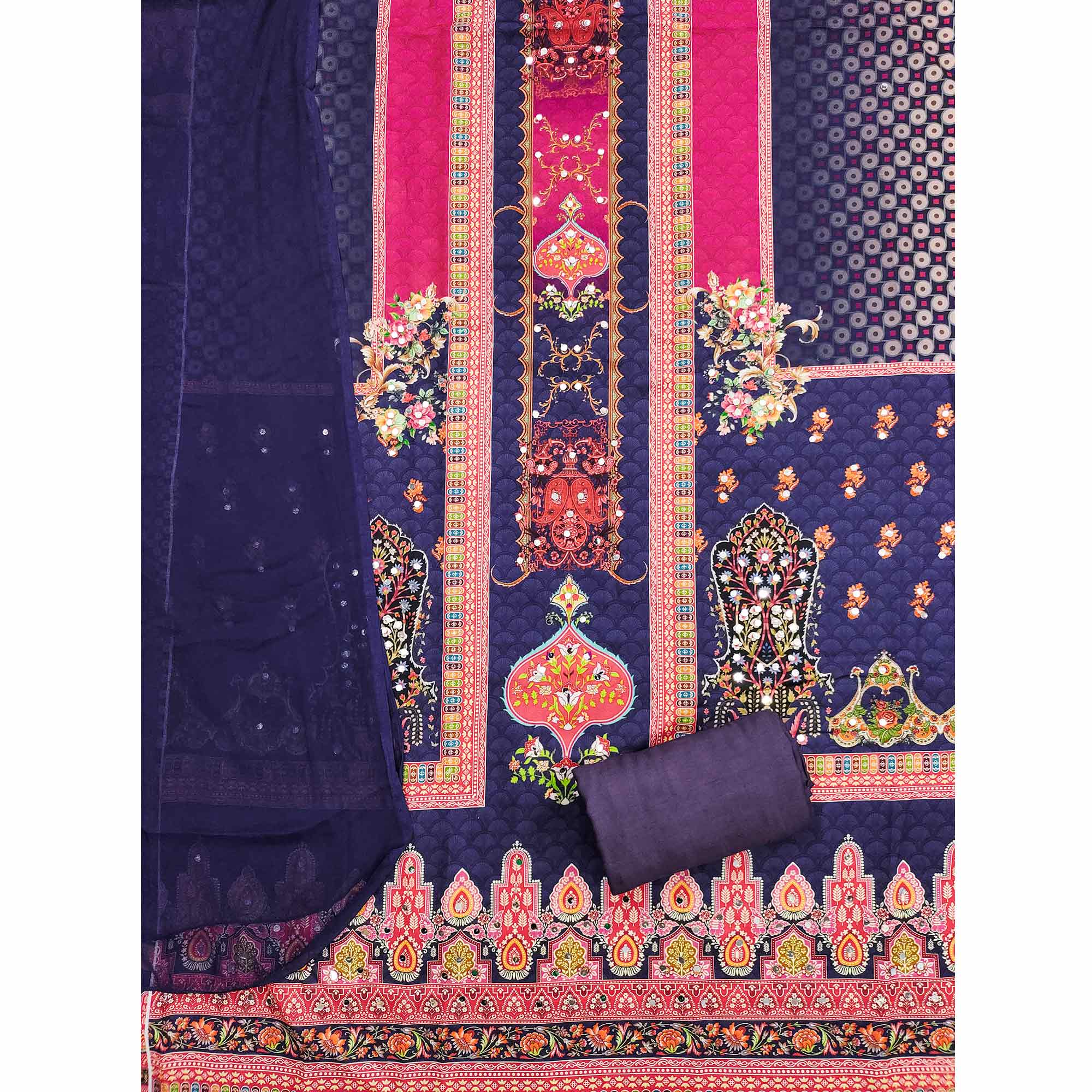 Stylish Blue Floral Digital Printed Rayon Dress Material Adorned With Mirror Embellishments