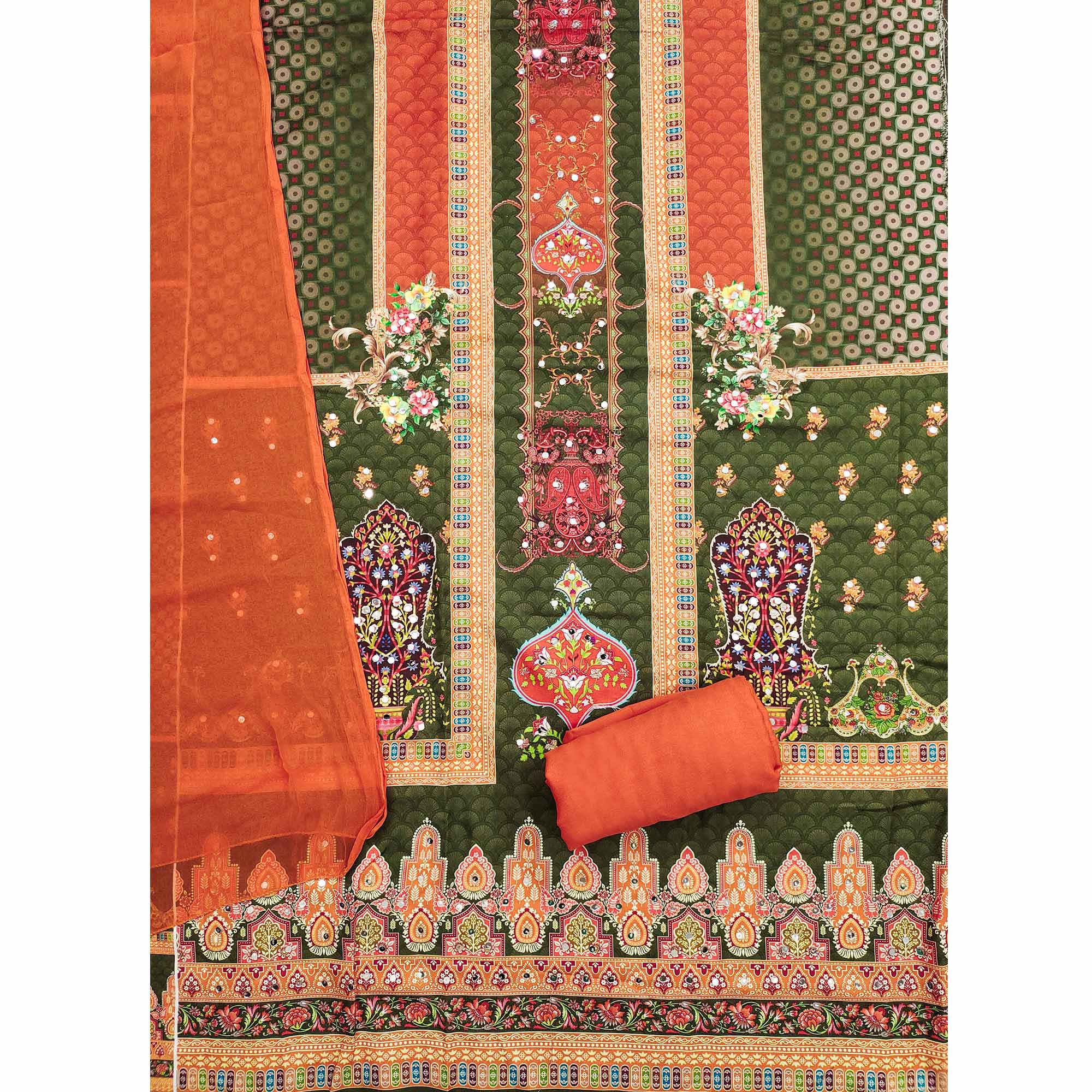 Stylish Green Floral Digital Printed Rayon Dress Material Adorned With Mirror Embellishments