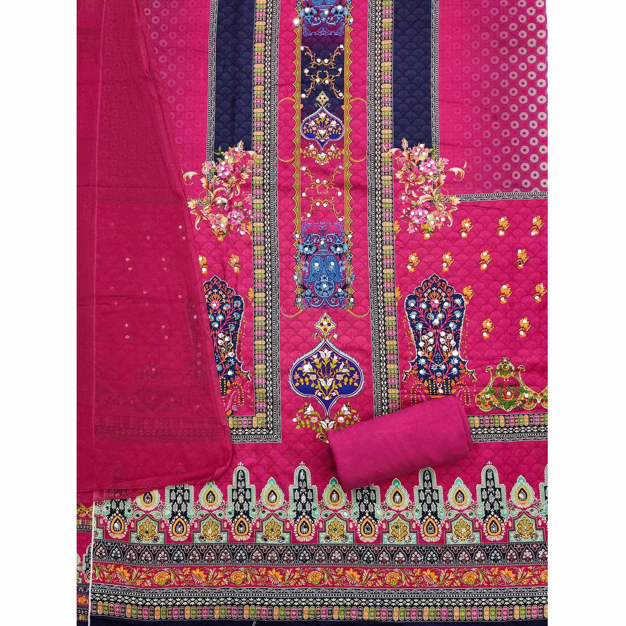 Stylish Rani Pink Floral Digital Printed Rayon Dress Material Adorned With Mirror Embellishments