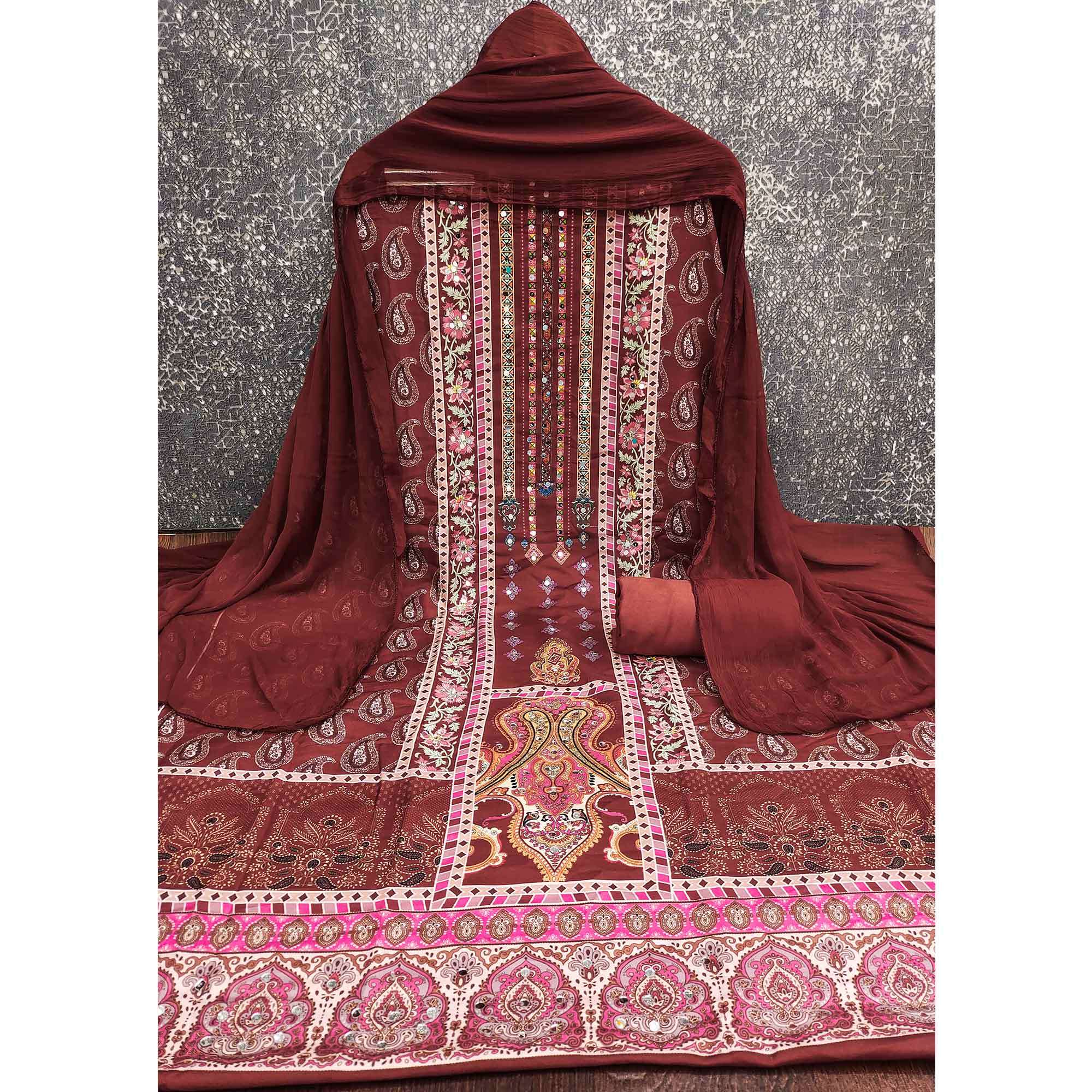 Rust Paisley & Floral Digital Printed Rayon Dress Material With Intricate Mirror Work