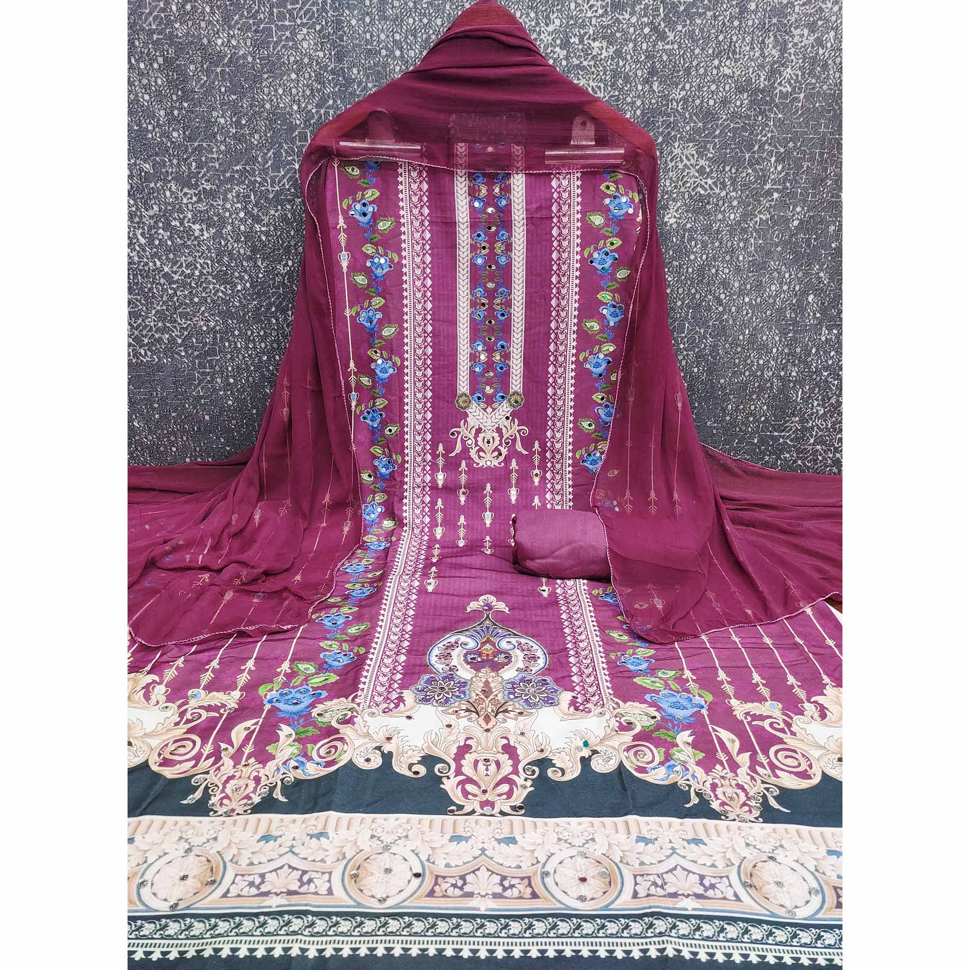 Pink Floral Digital Printed Rayon Dress Material Highlighted With Mirror Work