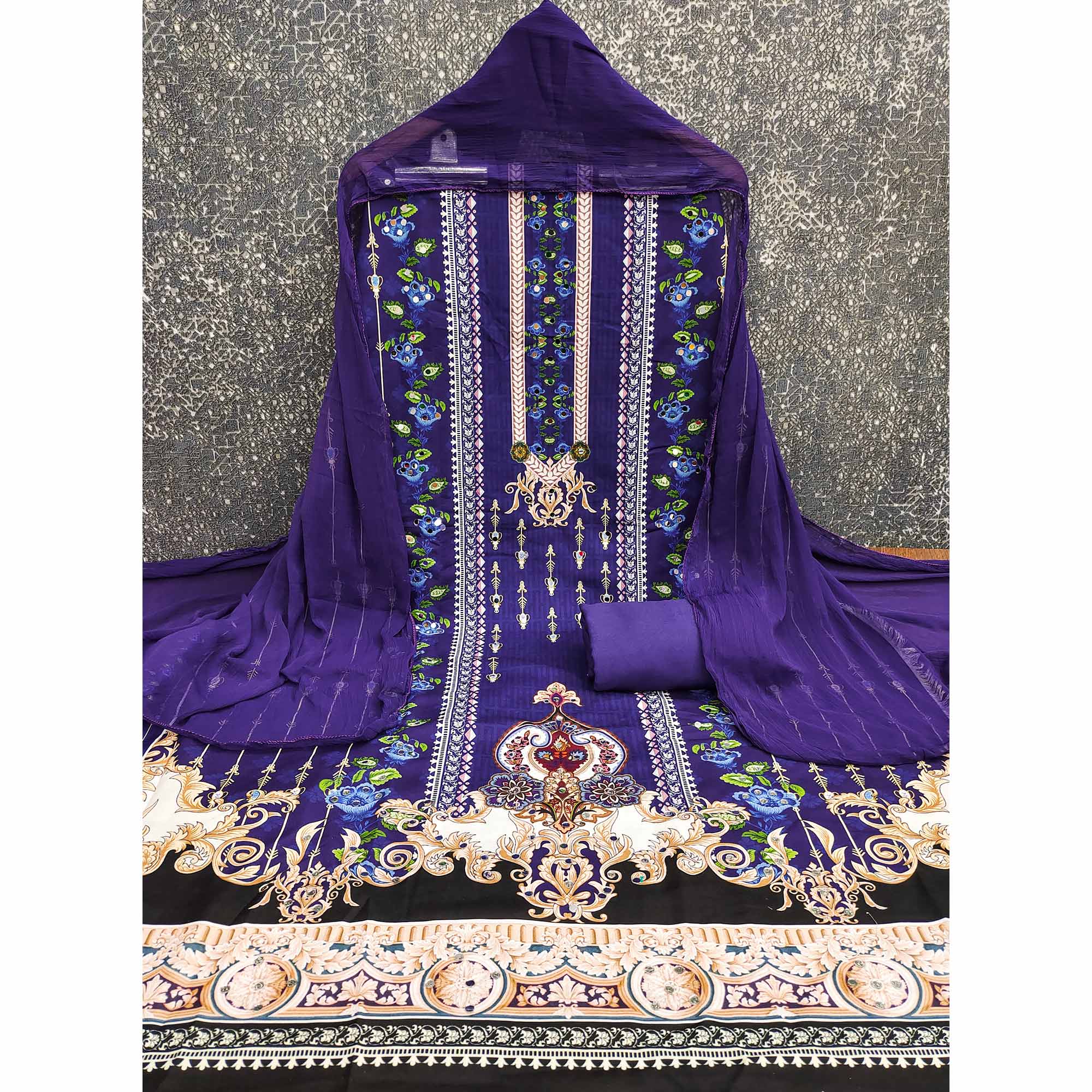 Royal Purple Floral Digital Printed Rayon Dress Material Highlighted With Mirror Work