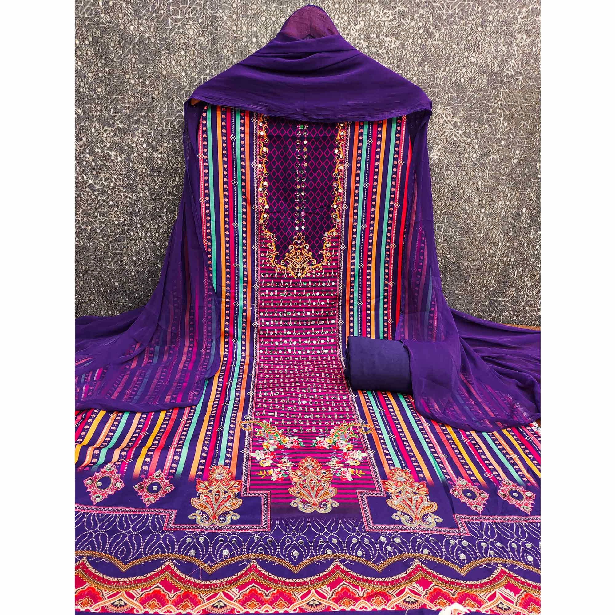 Royal Purple Rayon Dress Material With Floral Digital Print & Sparkling Mirror Accents