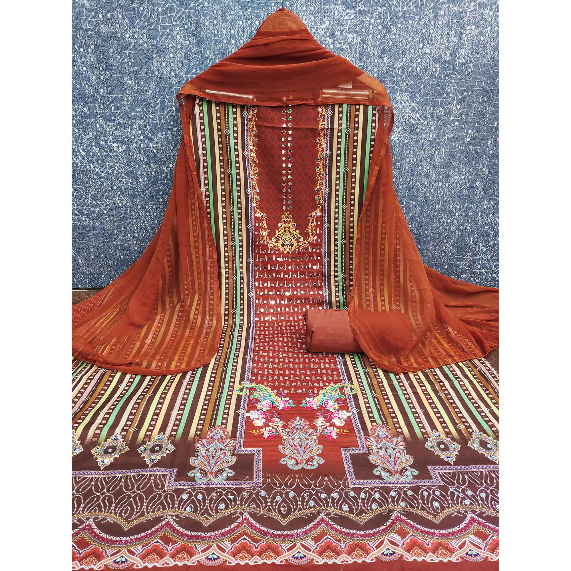 Rust Rayon Dress Material With Floral Digital Print & Sparkling Mirror Accents