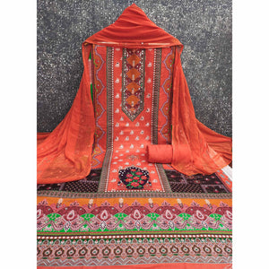 Orange Floral Digital Printed Rayon Dress Material Enhanced With Mirror Work