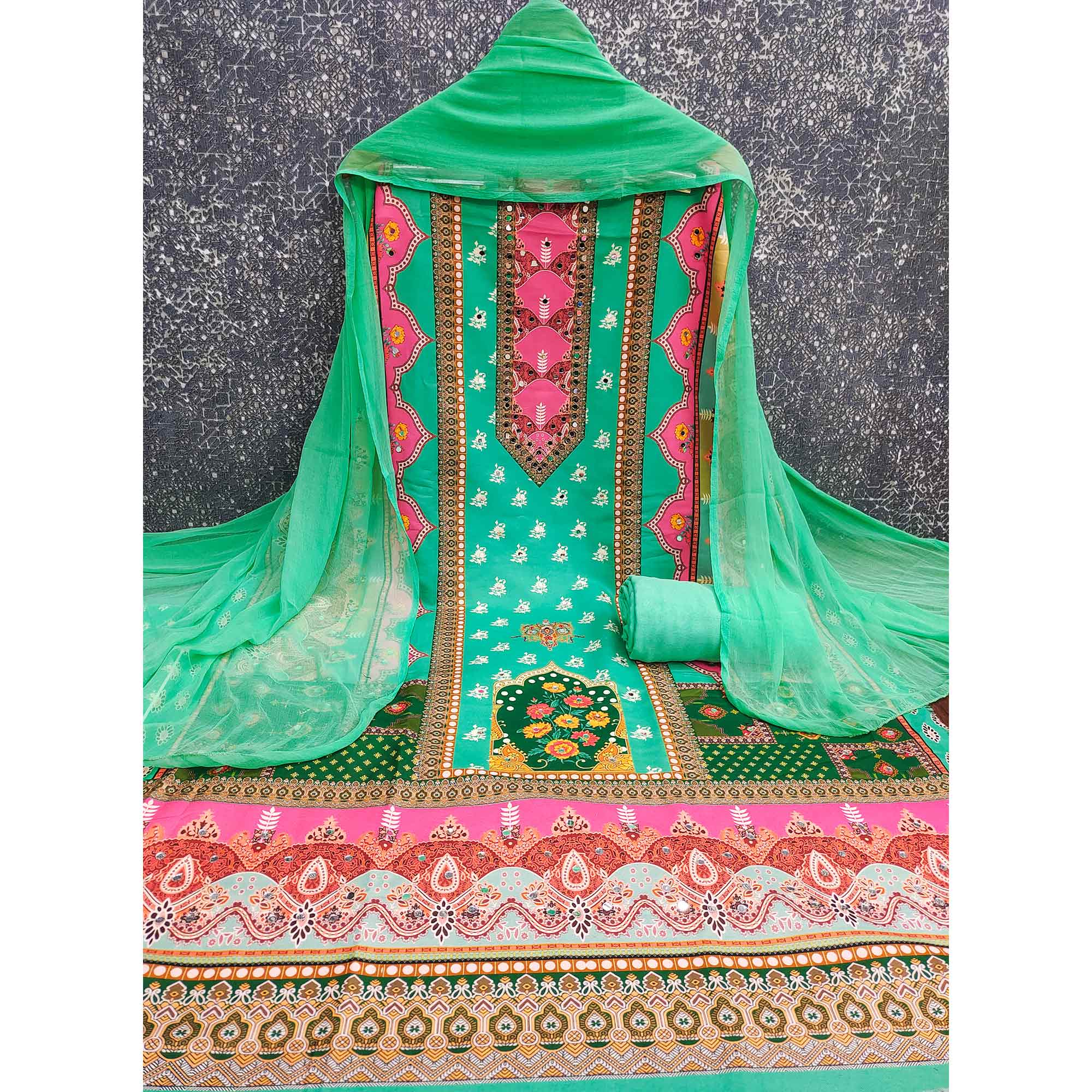 Sea Green Floral Digital Printed Rayon Dress Material Enhanced With Mirror Work