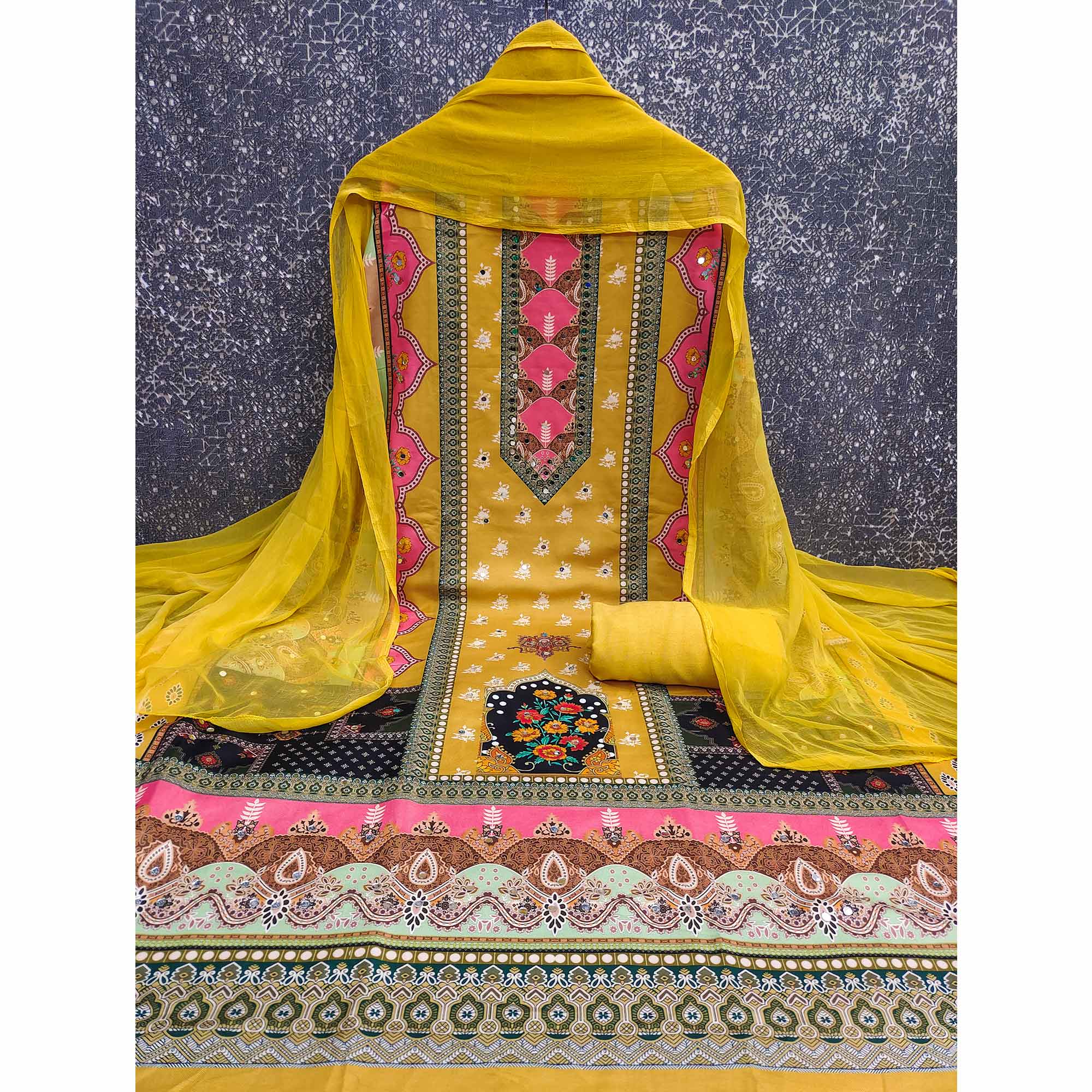 Yellow Floral Digital Printed Rayon Dress Material Enhanced With Mirror Work