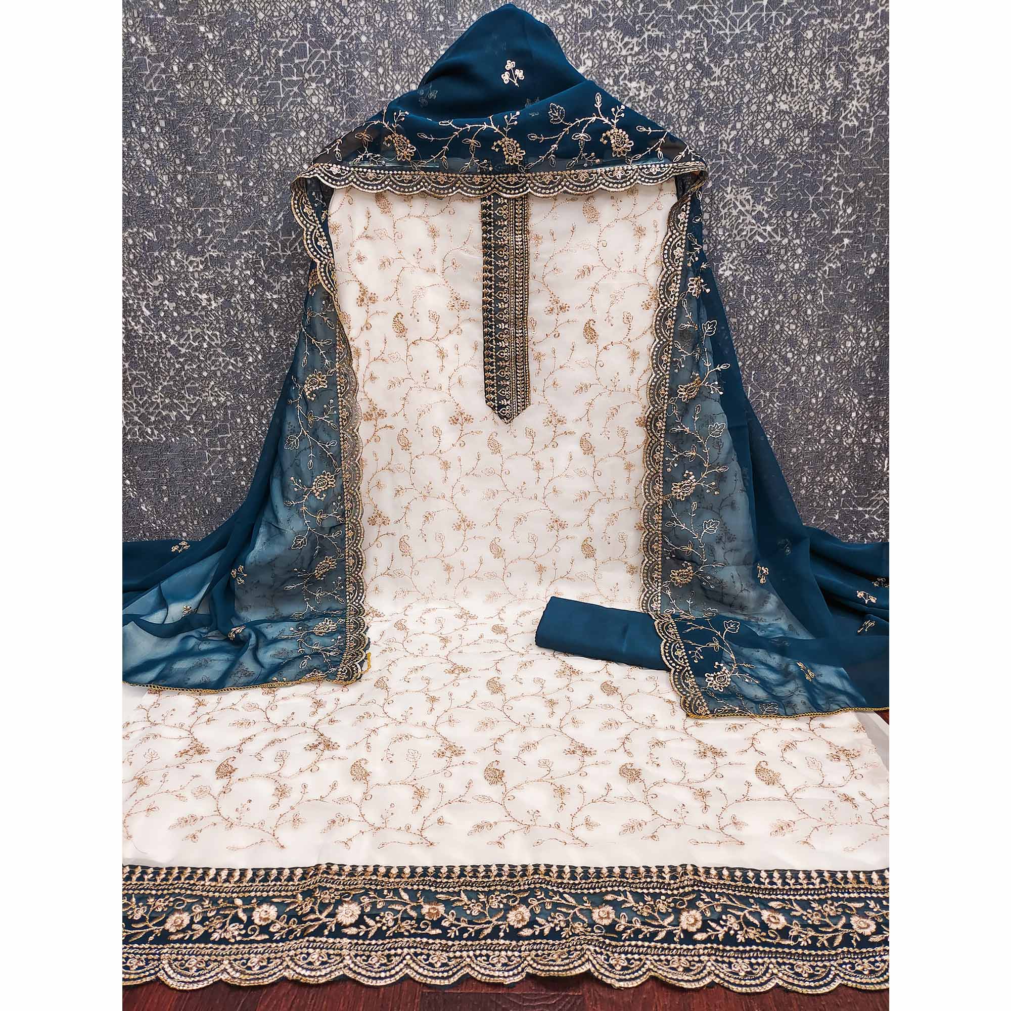 White & Blue Georgette Dress Material Showcasing Elegant Floral Thread Embroidery Work