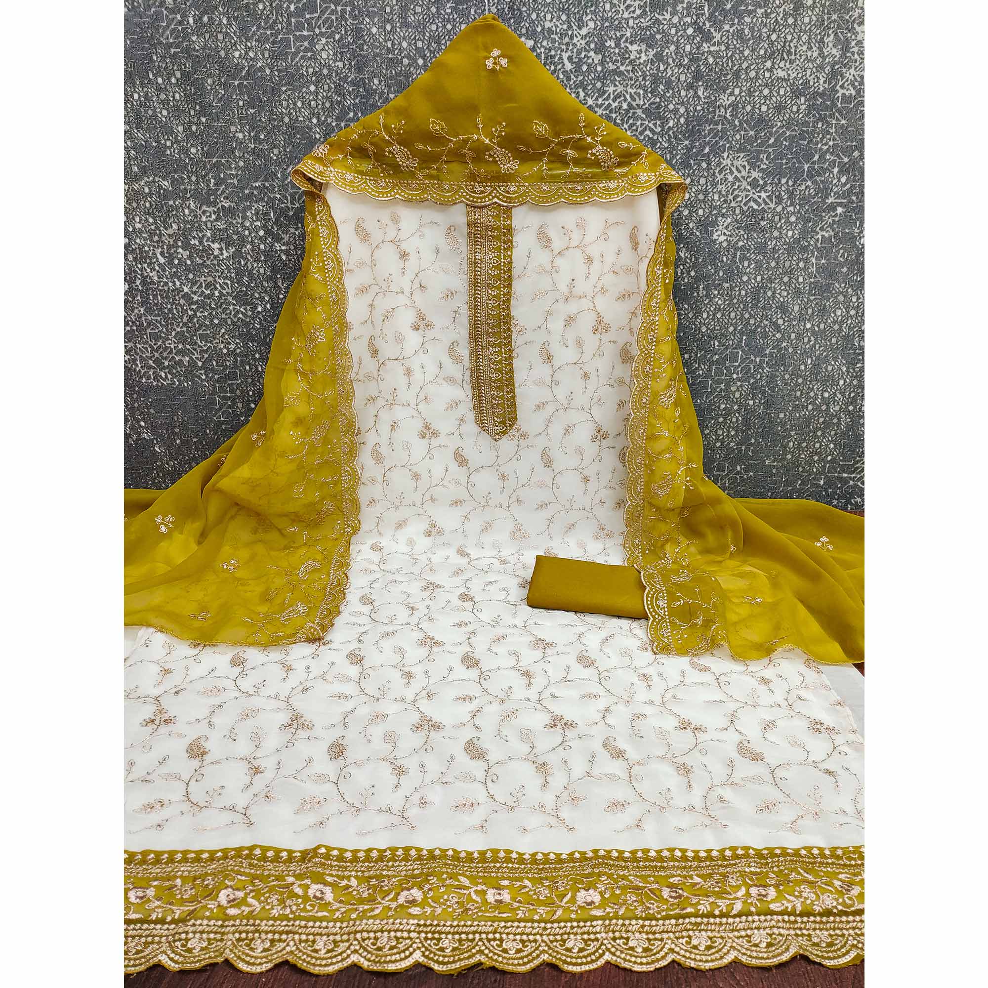 White & Mustard Georgette Dress Material Showcasing Elegant Floral Thread Embroidery Work