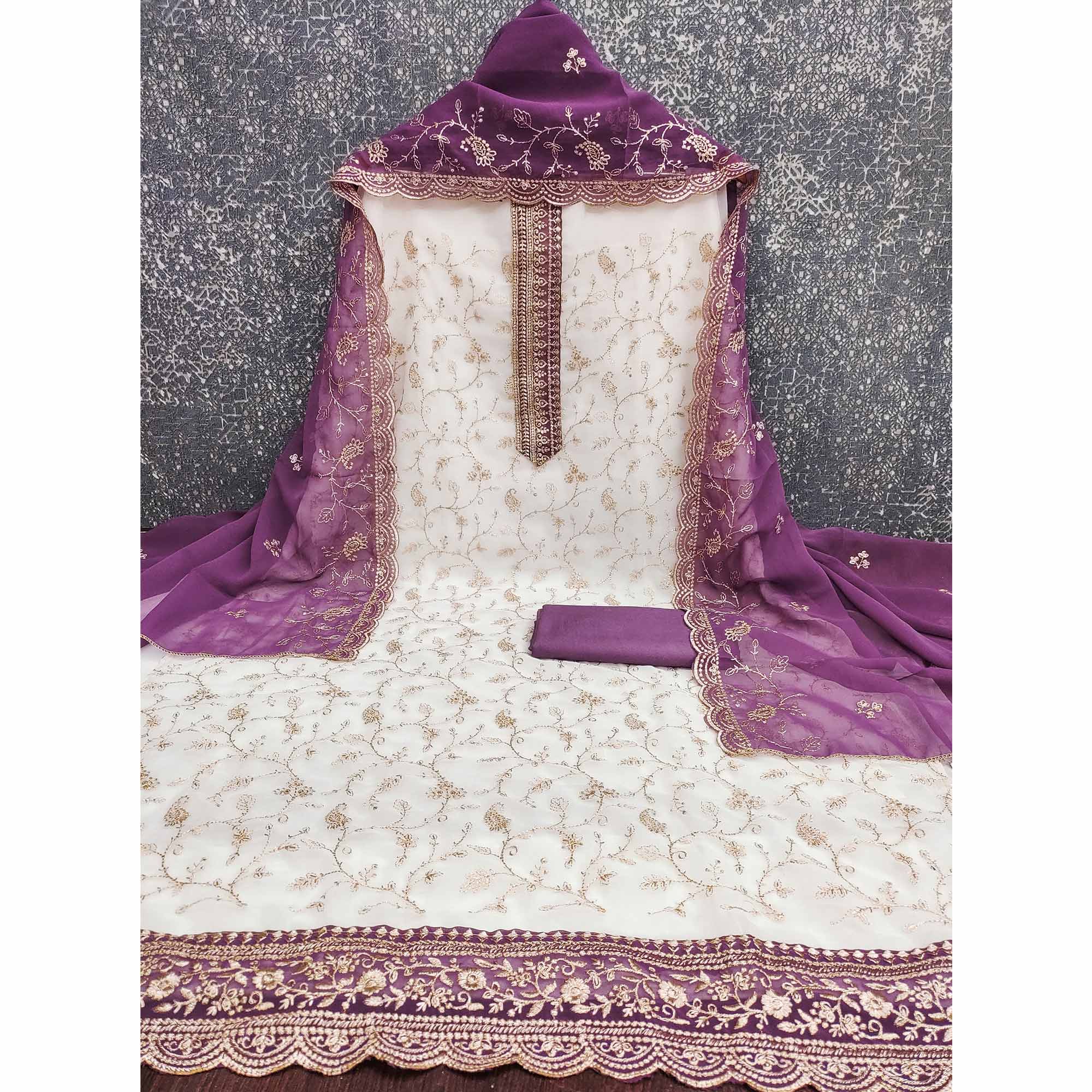 White & Purple Georgette Dress Material Showcasing Elegant Floral Thread Embroidery Work