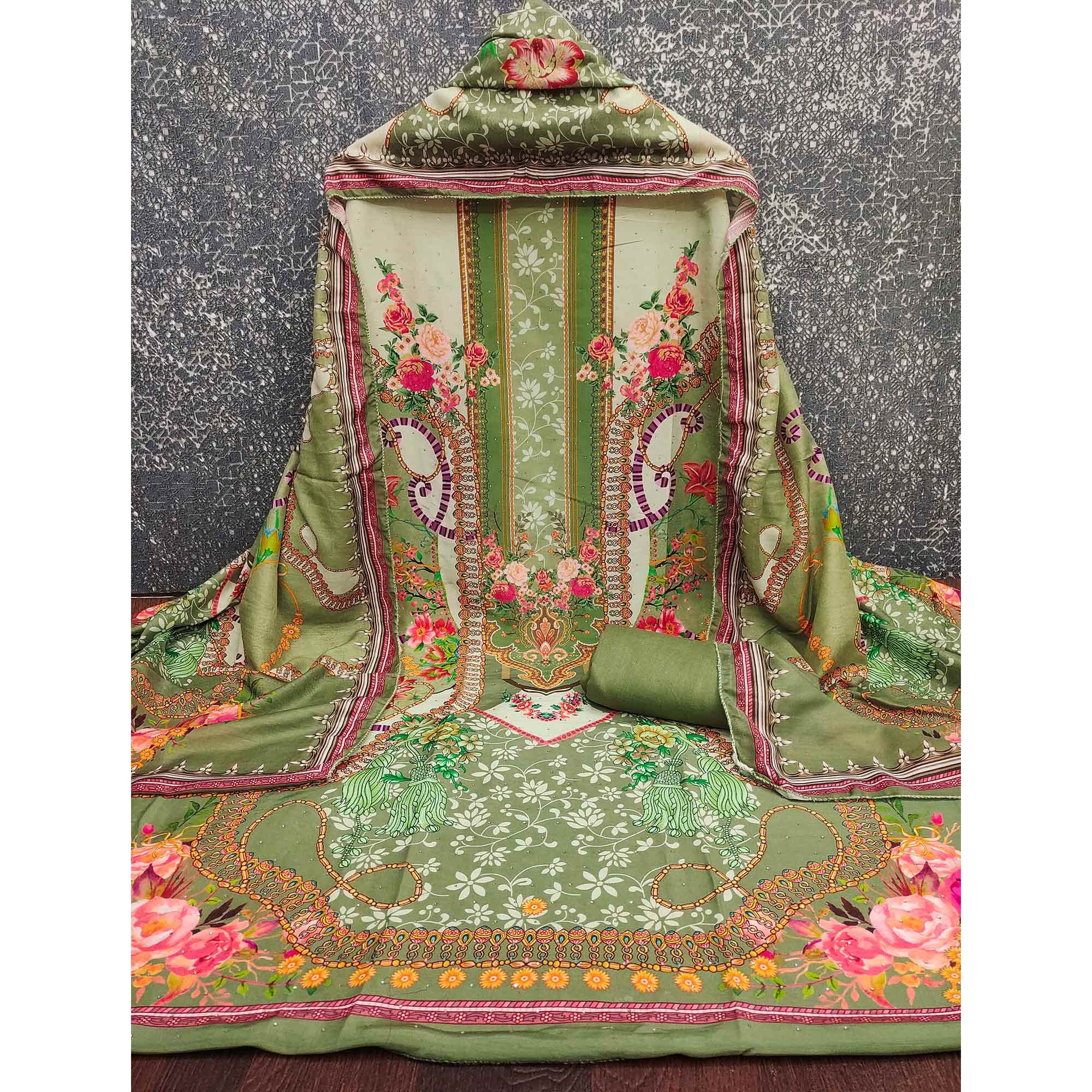 Green Muslin Dress Material Featuring Elegant Floral Digital Print Adorned With Swarovski Work