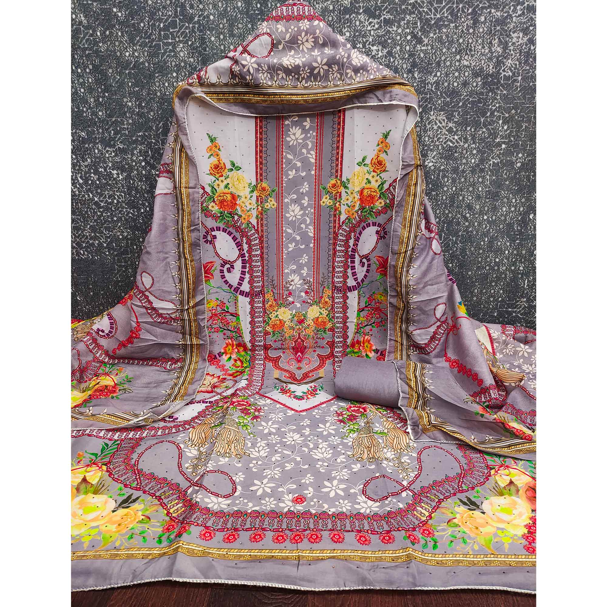 Grey Muslin Dress Material Featuring Elegant Floral Digital Print Adorned With Swarovski Work