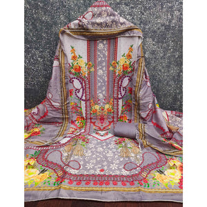 Grey Muslin Dress Material Featuring Elegant Floral Digital Print Adorned With Swarovski Work