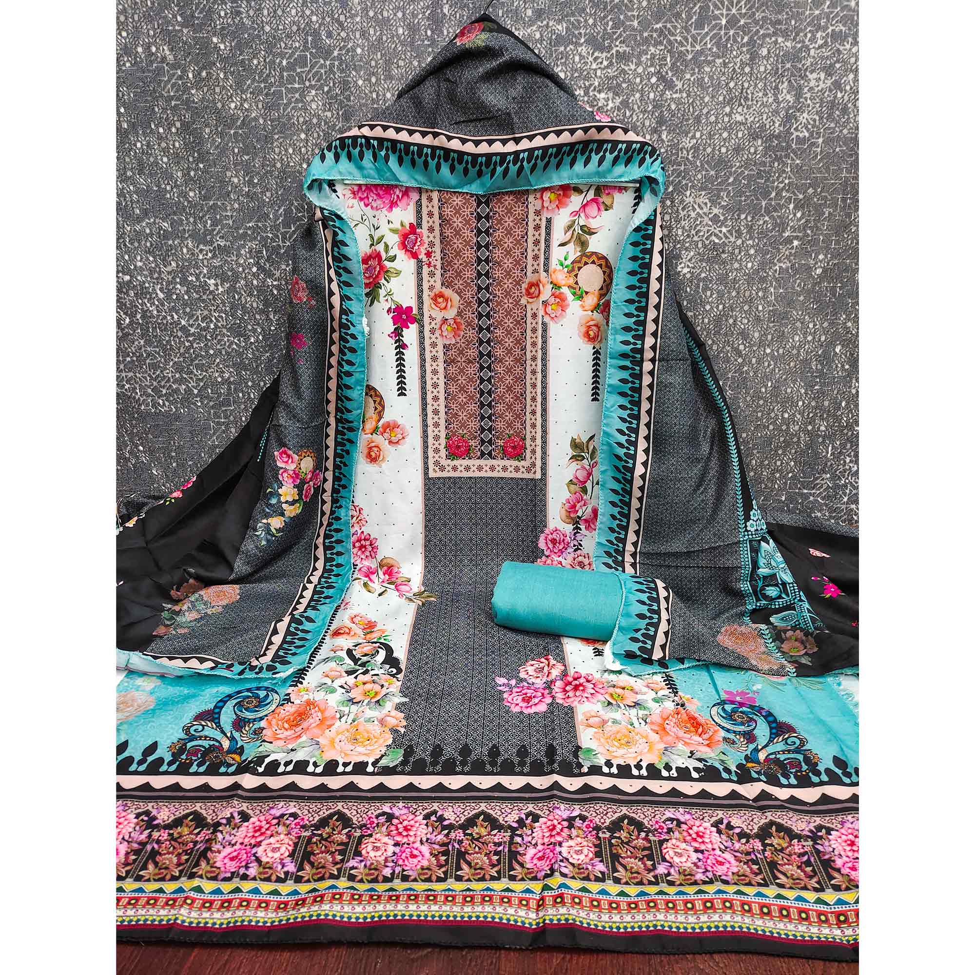 Charming Blue Floral Digital Printed Muslin Dress Material With Subtle Swarovski Work