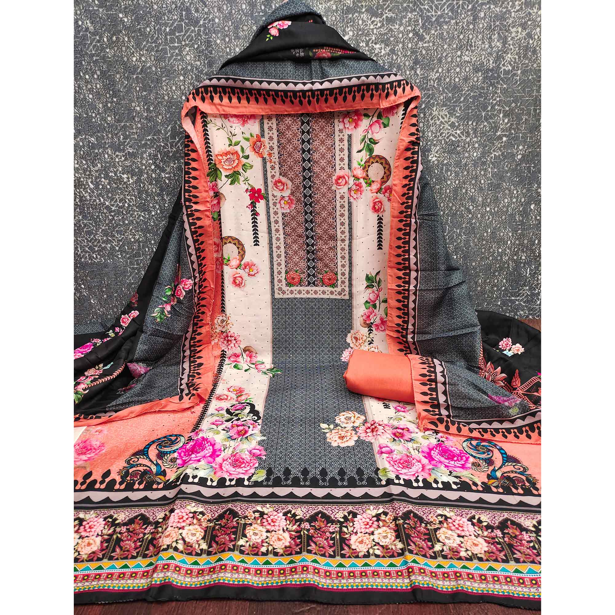 Charming Orange Floral Digital Printed Muslin Dress Material With Subtle Swarovski Work