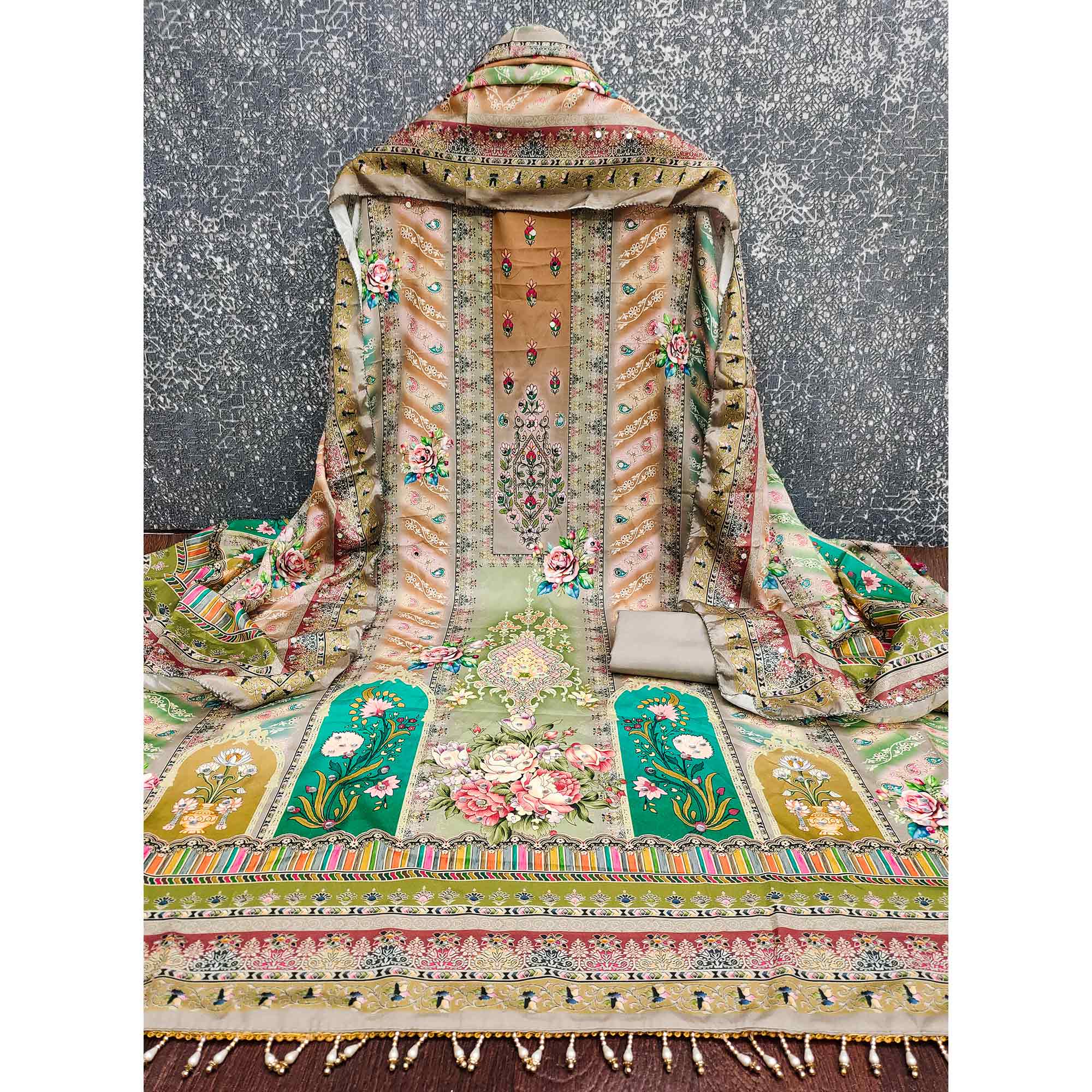 Grey Muslin Dress Material Featuring Graceful Floral Digital Print Embellished With Mirror Work