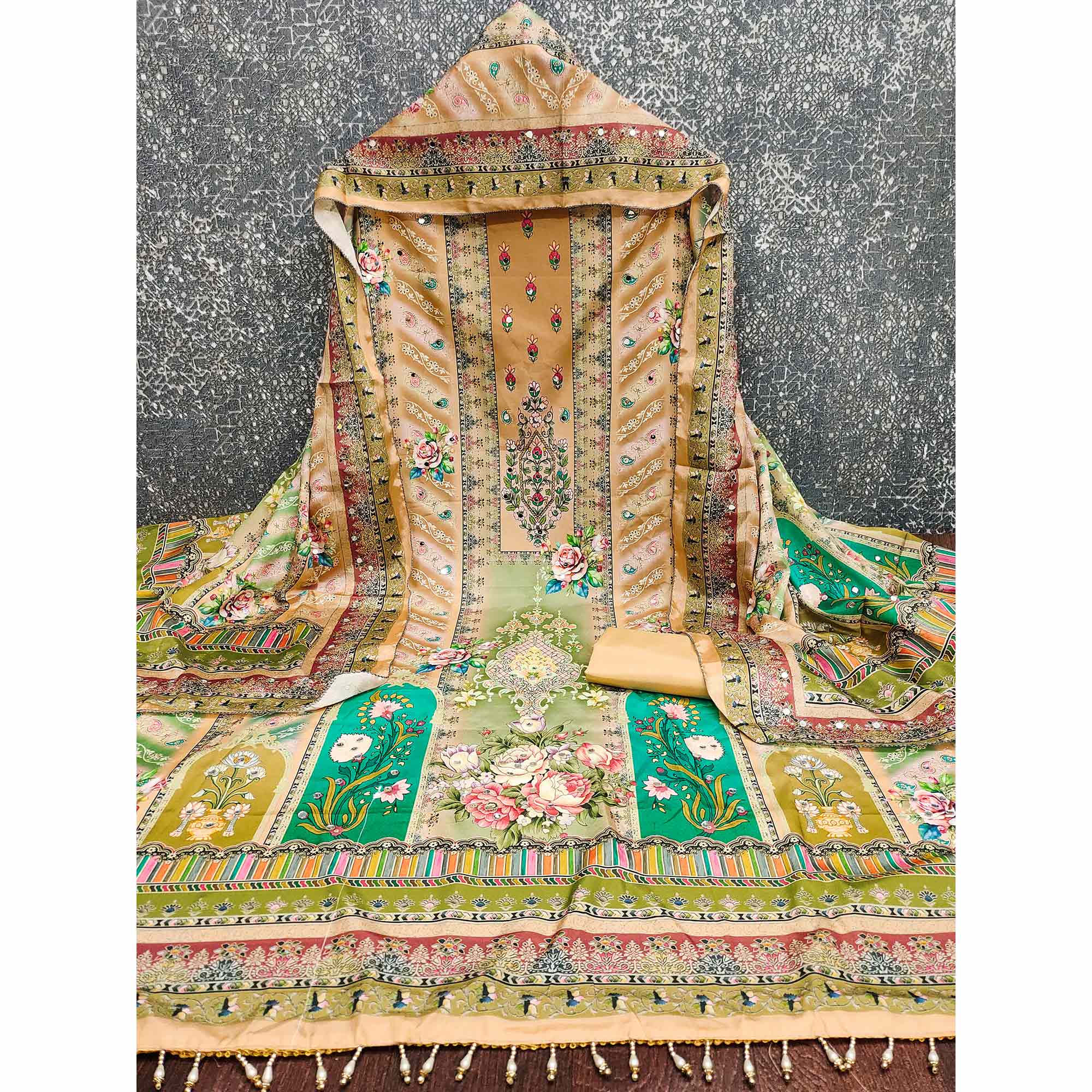 Mustard Muslin Dress Material Featuring Graceful Floral Digital Print Embellished With Mirror Work