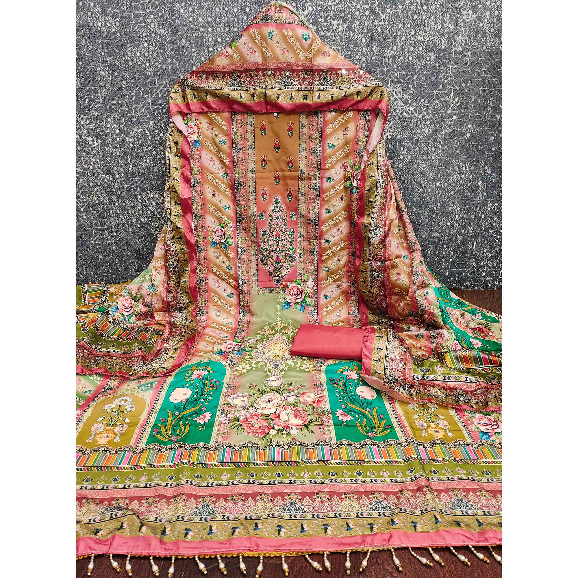 Pink Muslin Dress Material Featuring Graceful Floral Digital Print Embellished With Mirror Work