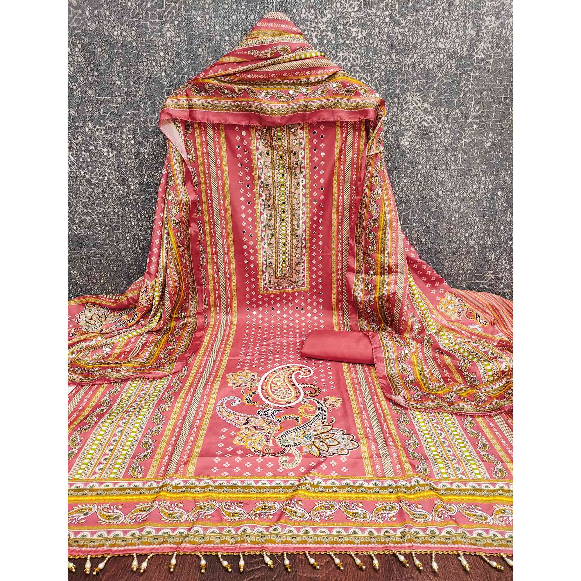 Soothing Pink Floral Digital Printed Dress Material Crafted From Muslin With Mirror Work