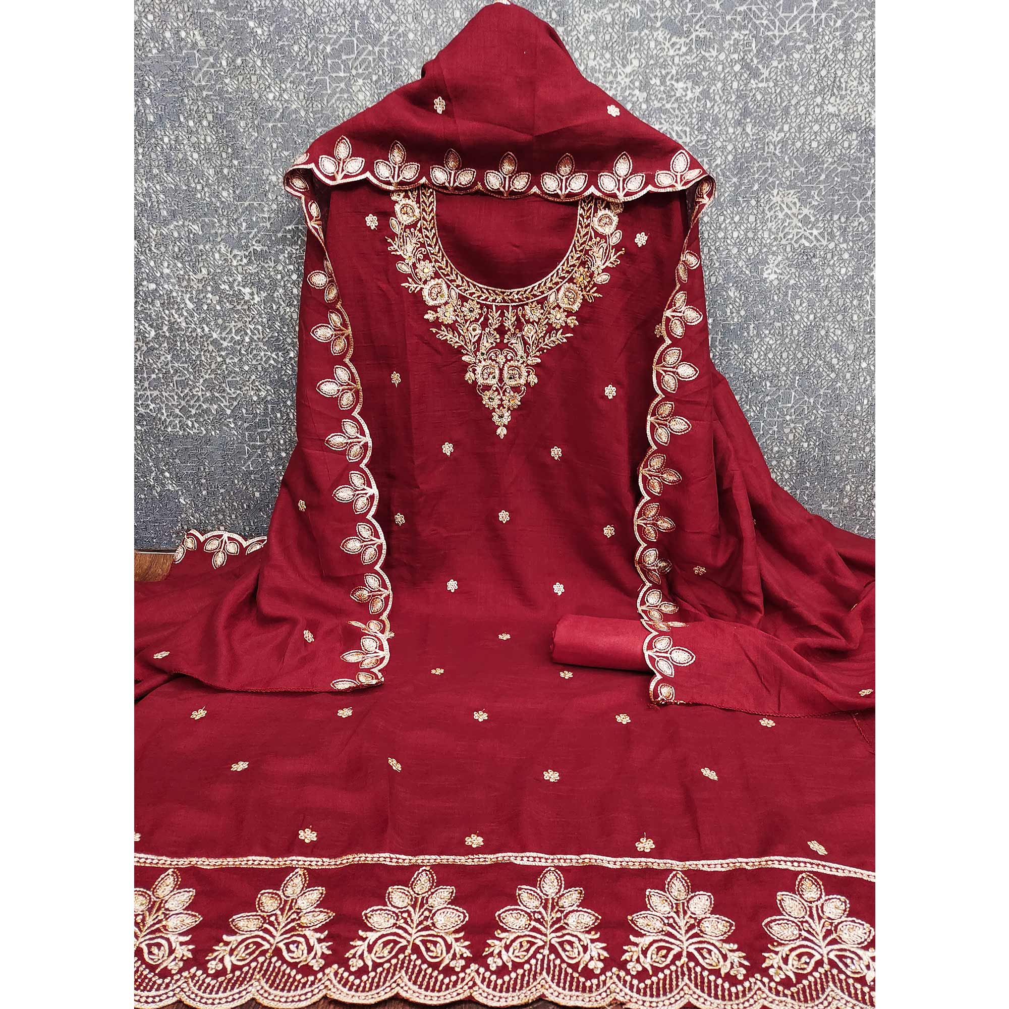 Graceful Maroon Floral Embroidered Vichitra Silk Dress Material Enhanced With Diamond Work