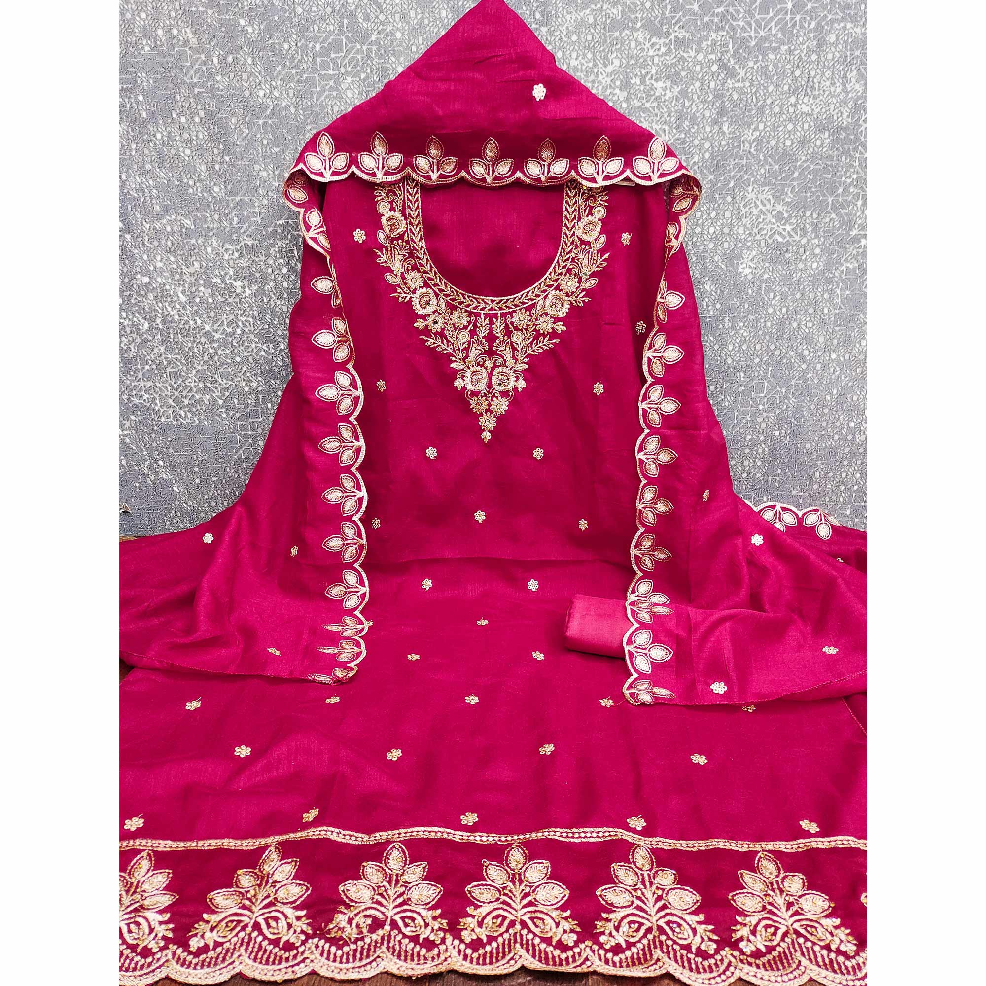 Graceful Pink Floral Embroidered Vichitra Silk Dress Material Enhanced With Diamond Work