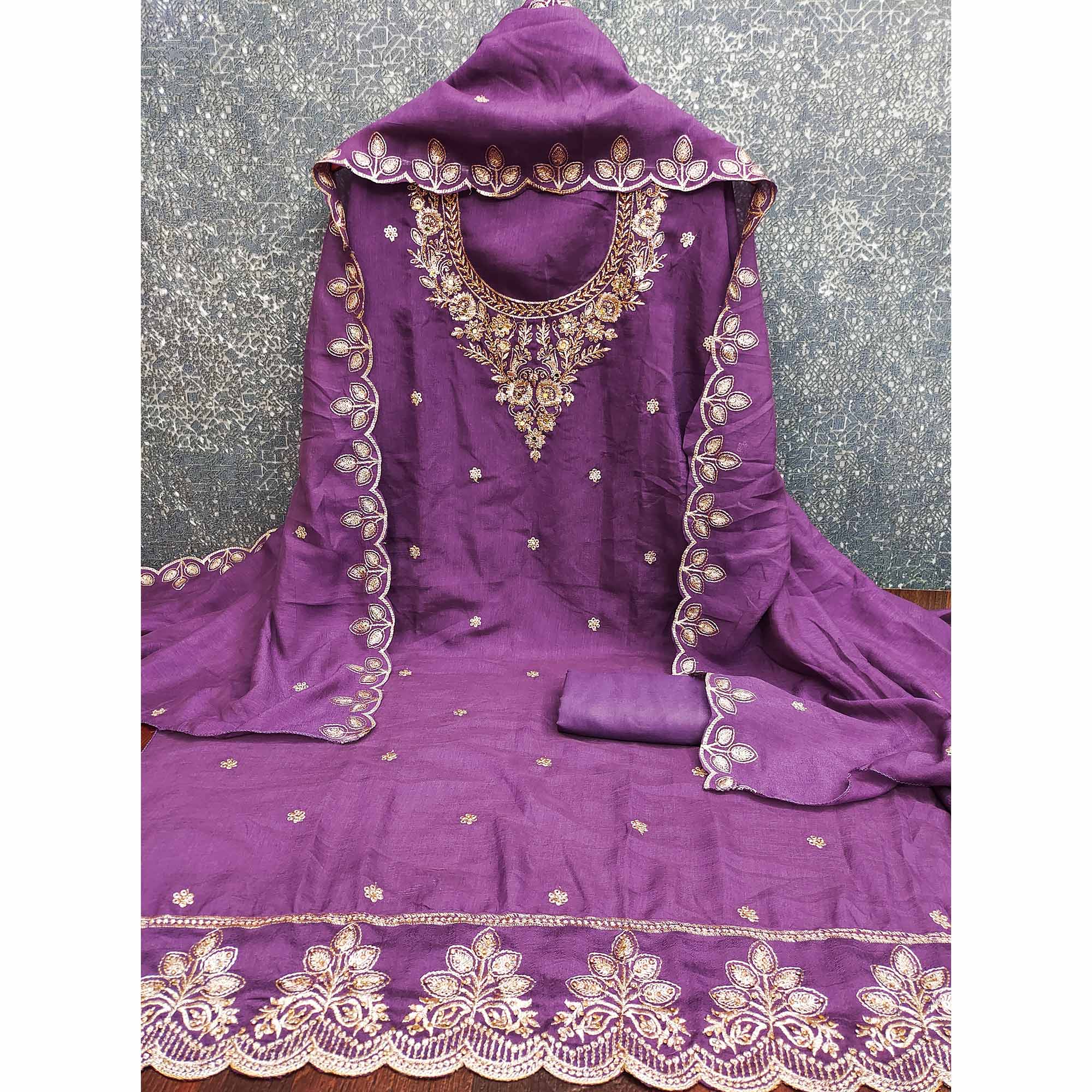 Graceful Purple Floral Embroidered Vichitra Silk Dress Material Enhanced With Diamond Work