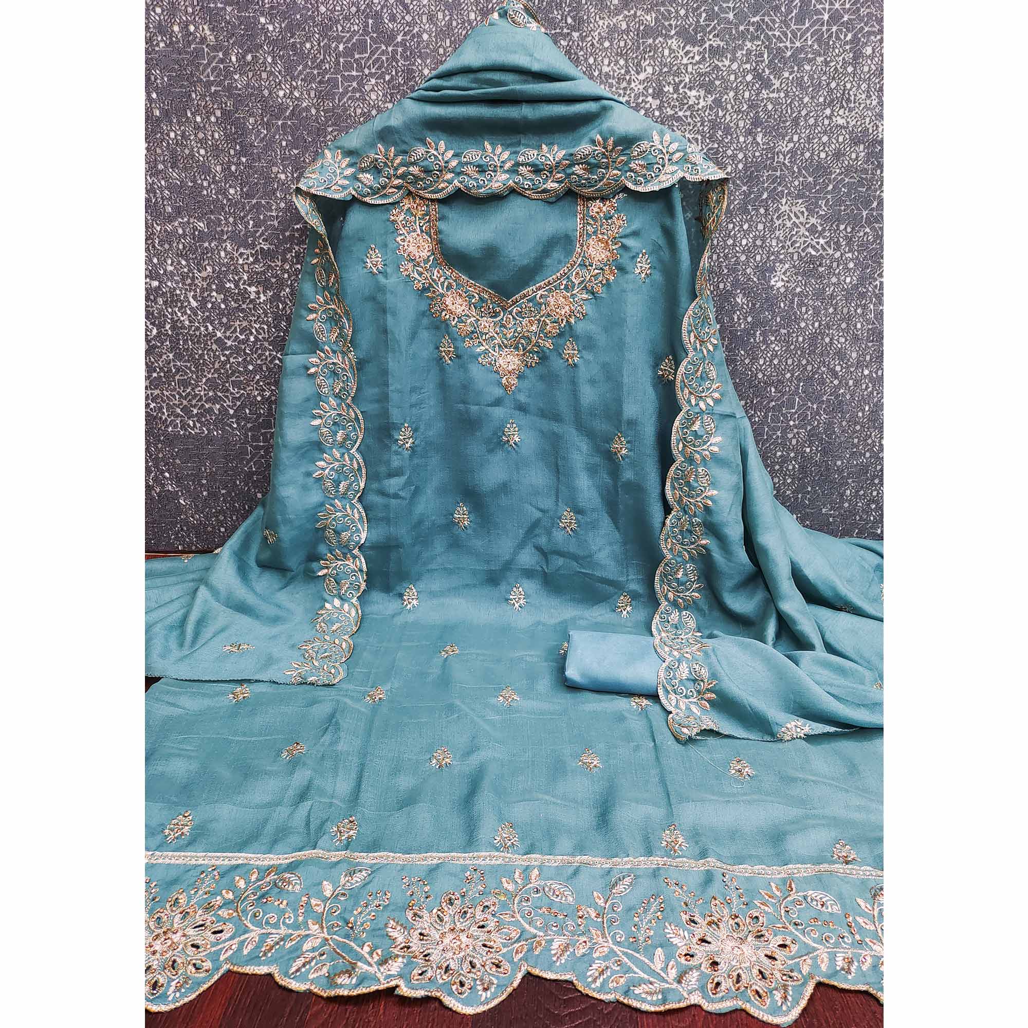 Graceful Blue Floral Embroidered Vichitra Silk Dress Material Enhanced With Diamond Work