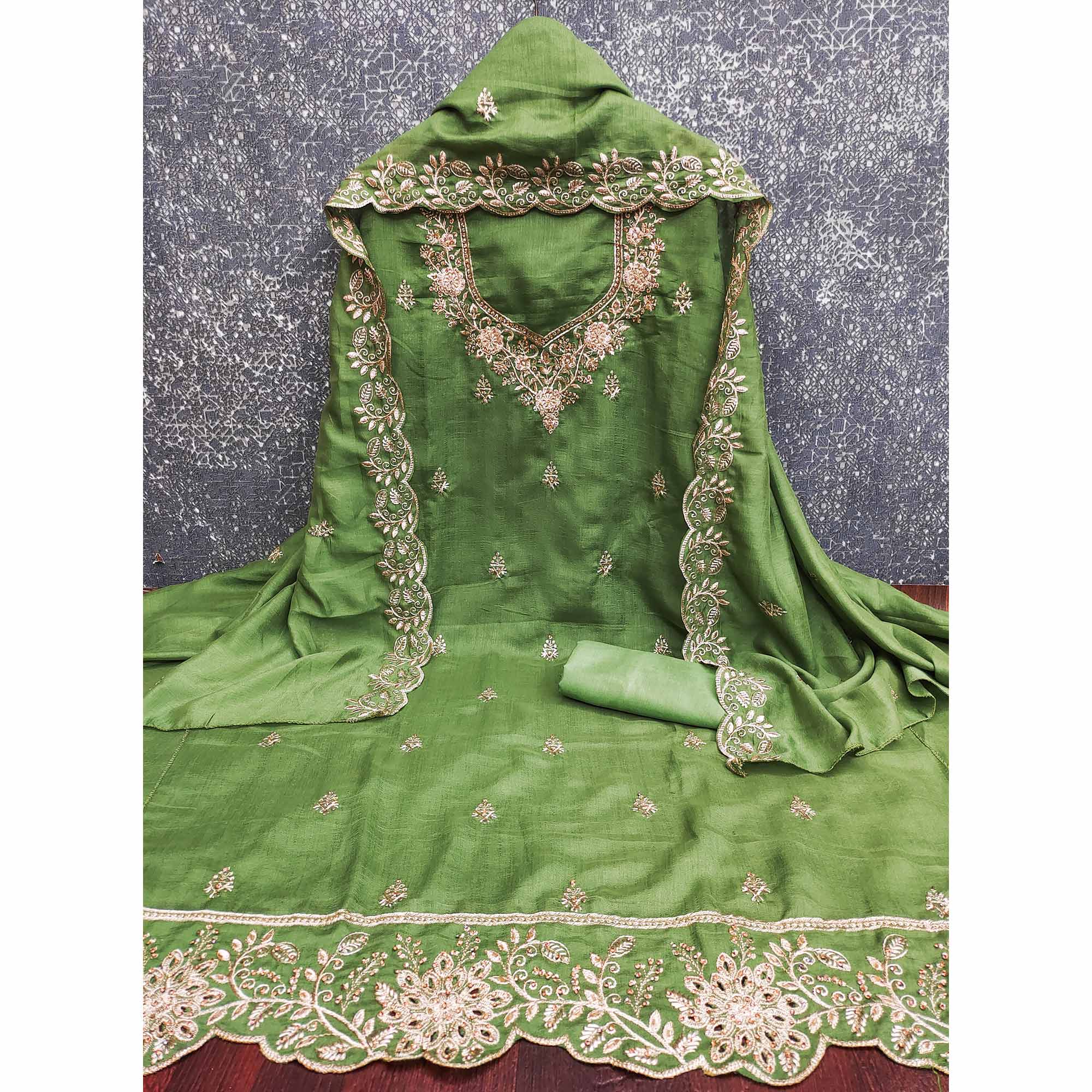 Graceful Green Floral Embroidered Vichitra Silk Dress Material Enhanced With Diamond Work