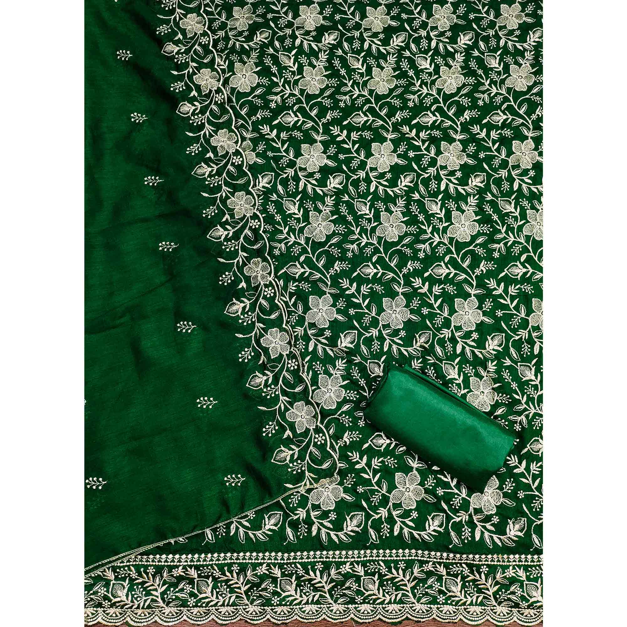 Elegant Green Vichitra Silk Dress Material Adorned With Exquisite Floral Zari Embroidery Work