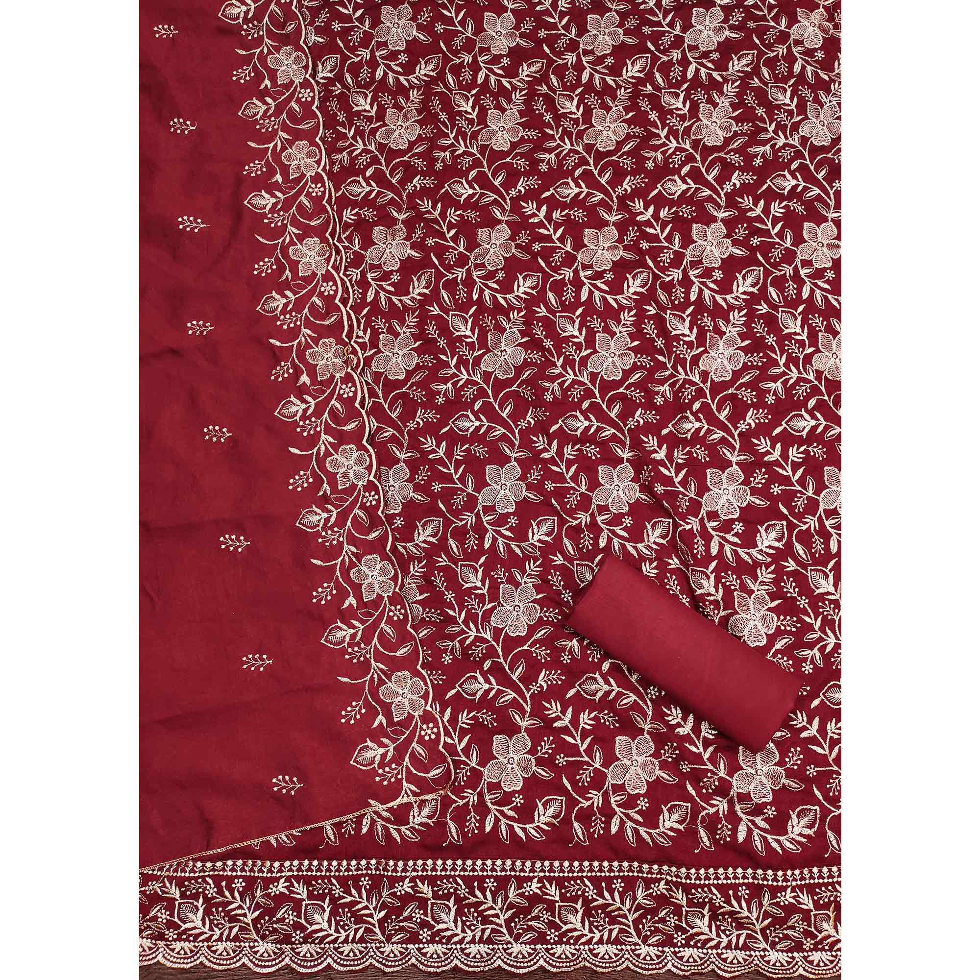 Elegant Maroon Vichitra Silk Dress Material Adorned With Exquisite Floral Zari Embroidery Work