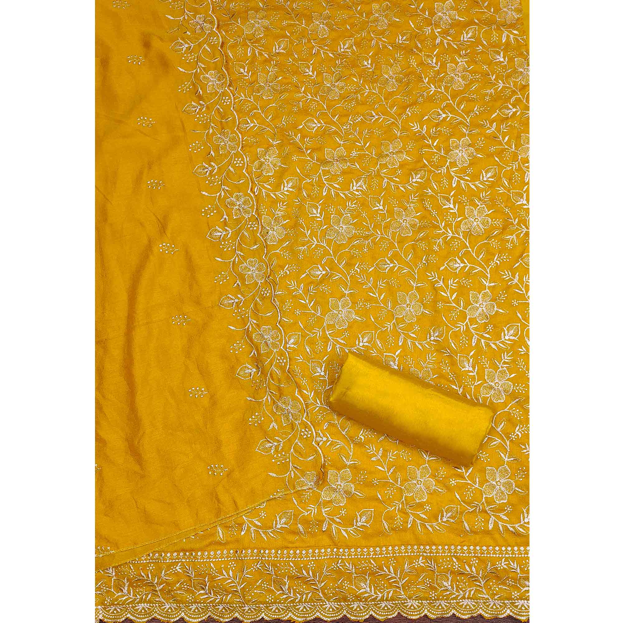 Elegant Mustard Vichitra Silk Dress Material Adorned With Exquisite Floral Zari Embroidery Work