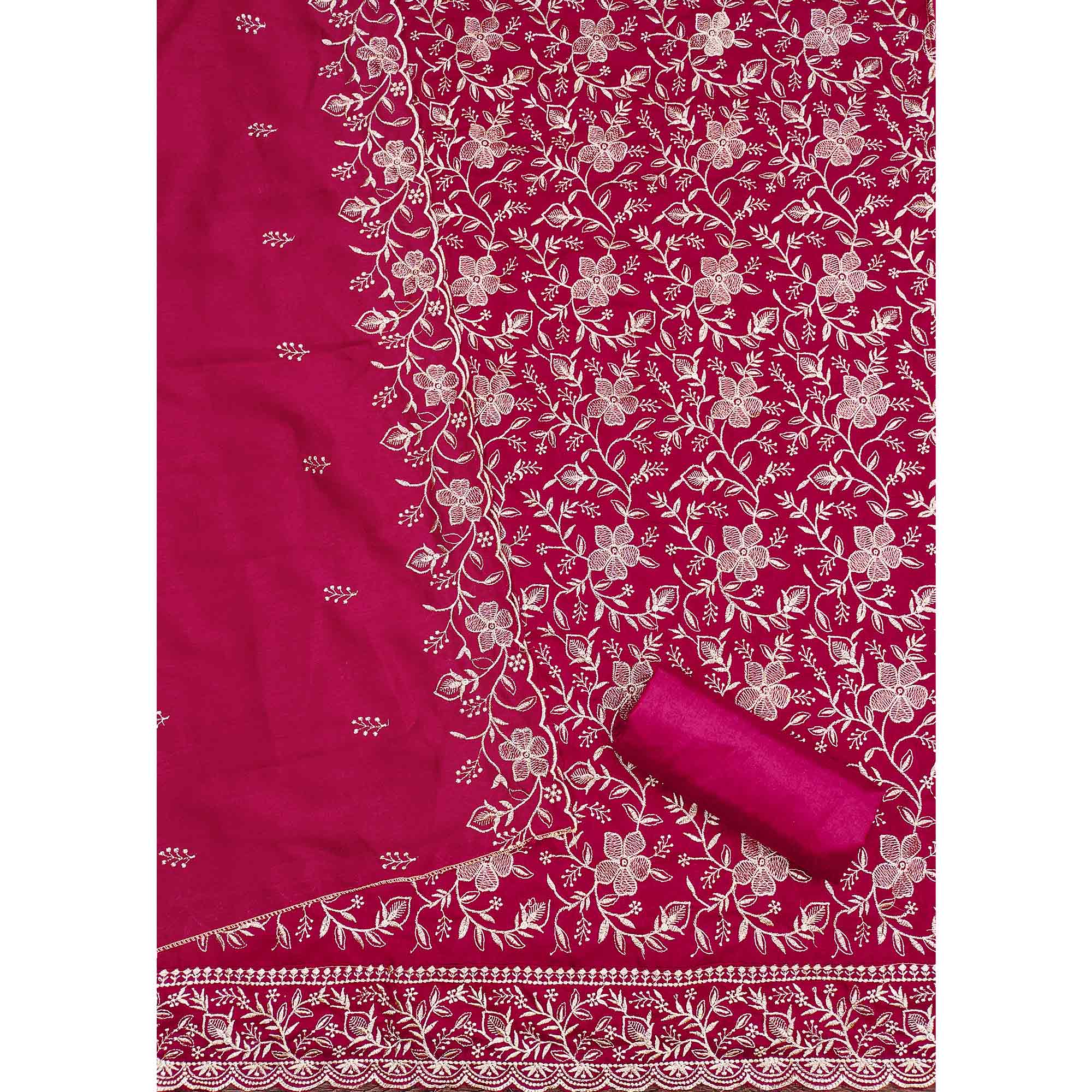 Elegant Pink Vichitra Silk Dress Material Adorned With Exquisite Floral Zari Embroidery Work