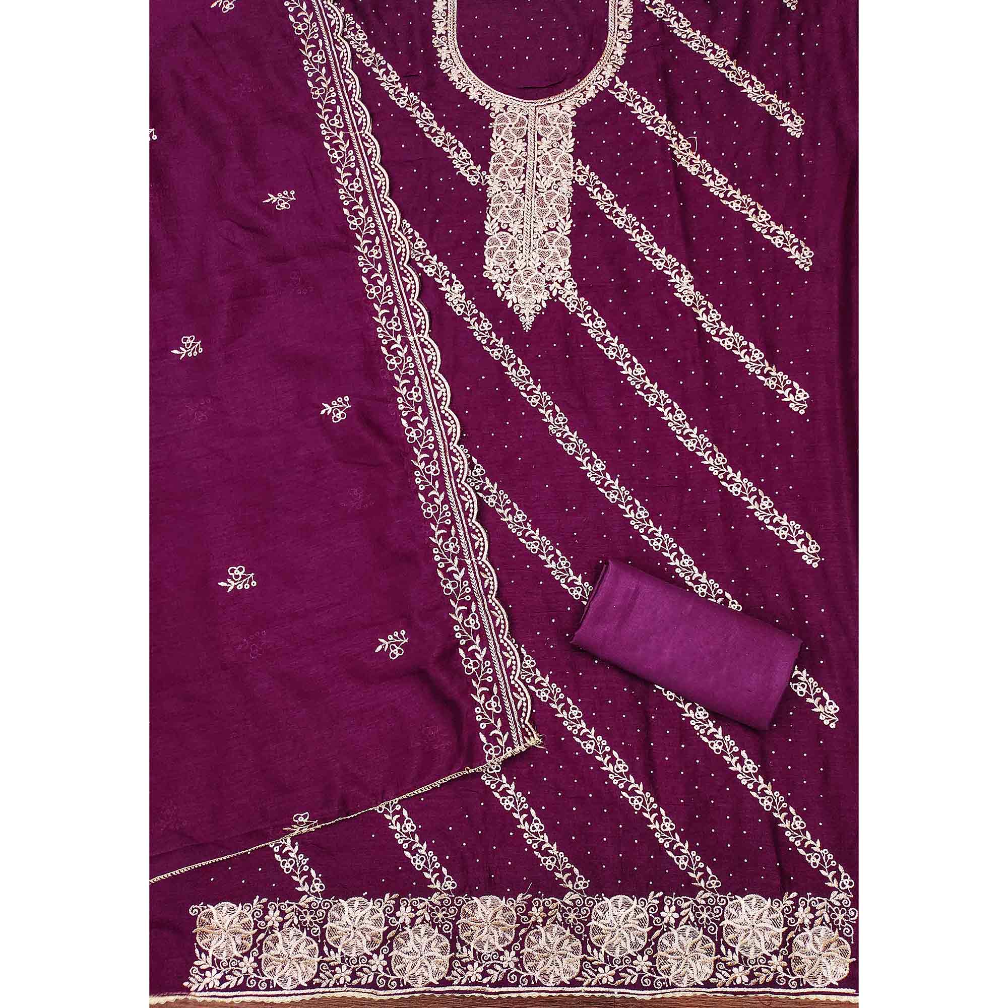 Graceful Purple Floral Embroidered Vichitra Silk Dress Material Enhanced With Sparkling Swarovski