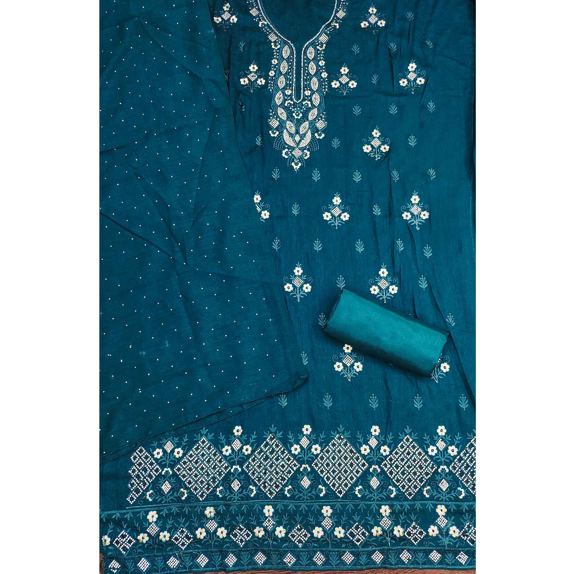 Gorgeous Dark Teal Blue Floral Embroidered Vichitra Silk Dress Material Beautified With Swarovski