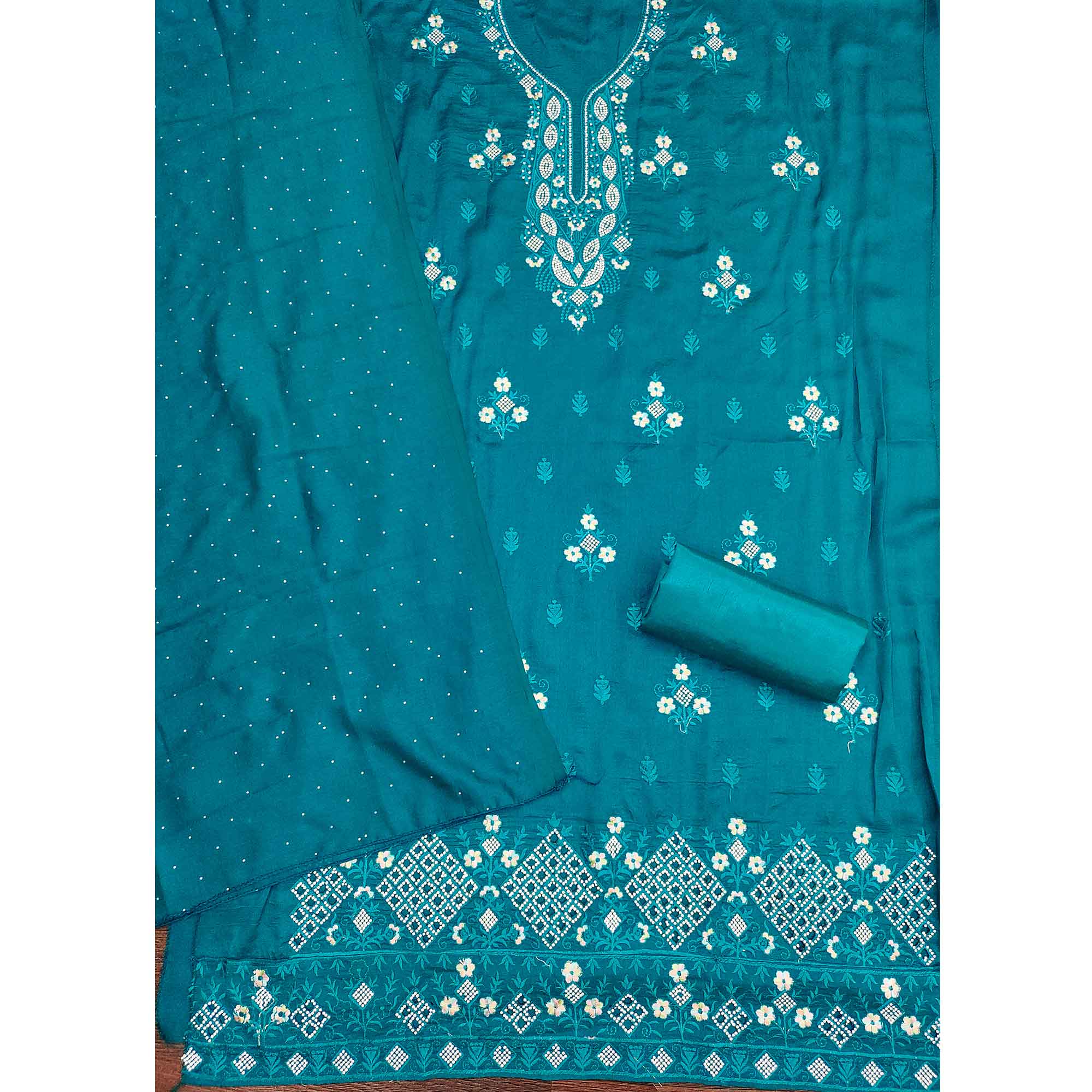 Gorgeous Teal Blue Floral Embroidered Vichitra Silk Dress Material Beautified With Swarovski Work