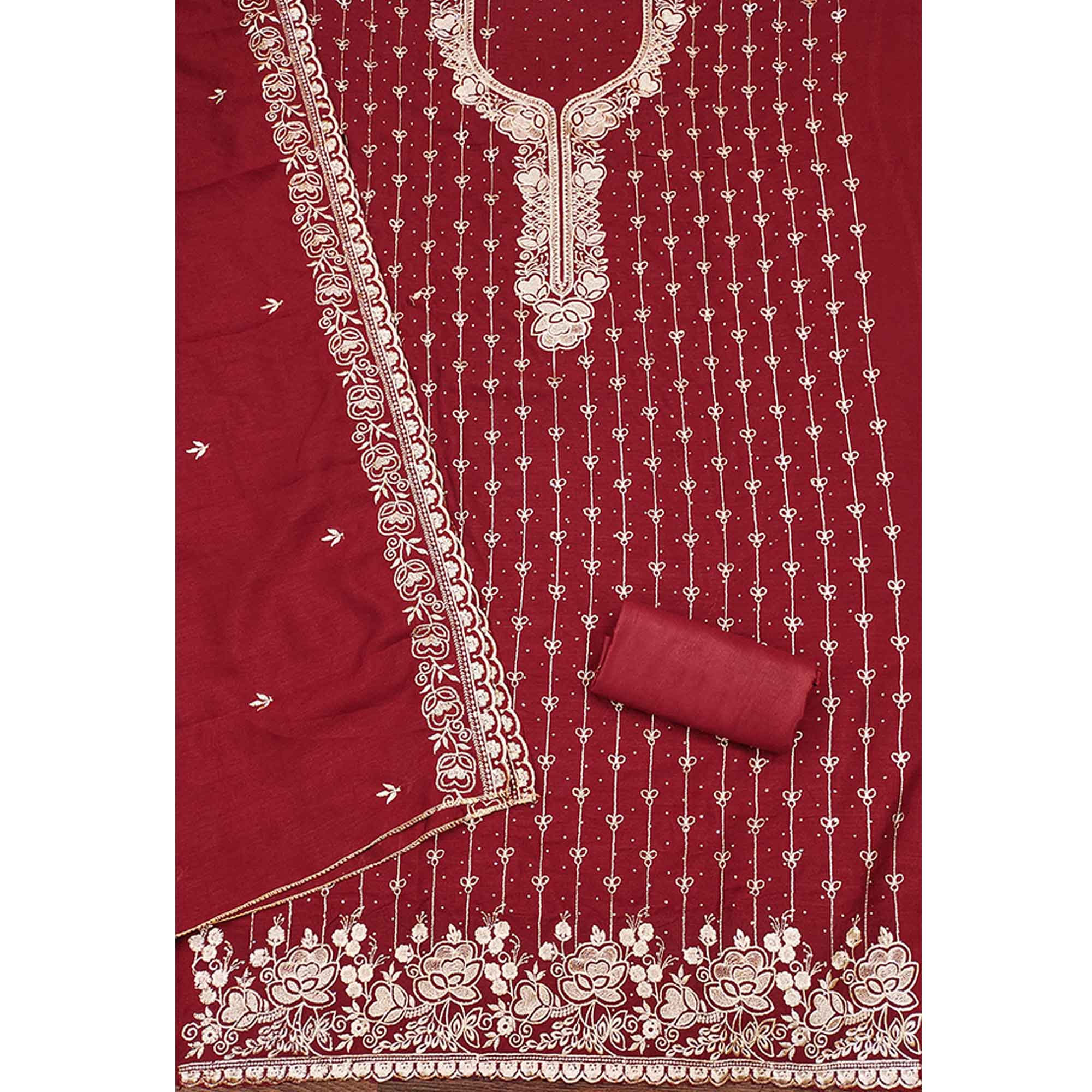 Regal Maroon Floral Embroidered Vichitra Silk Dress Material With Dazzling Swarovski Work Detailing