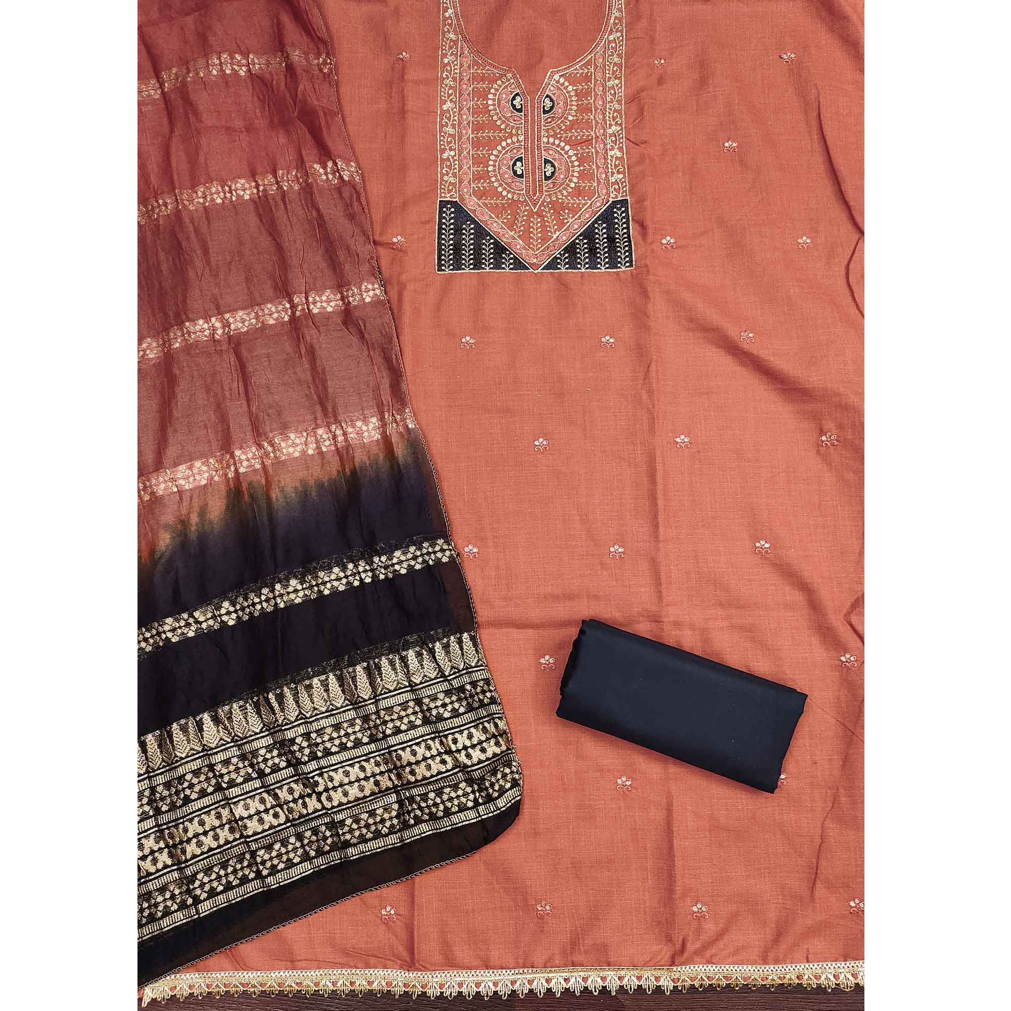 Classic Peach Floral Embroidered Cotton Blend Dress Material With Shimmering Sequins Work