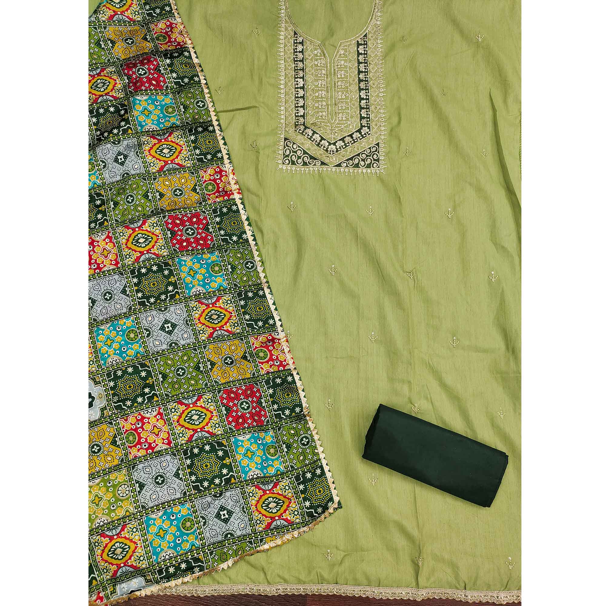 Stylish Green Cotton Blend Dress Material Enriched With Floral Embroidery & Sequins Work