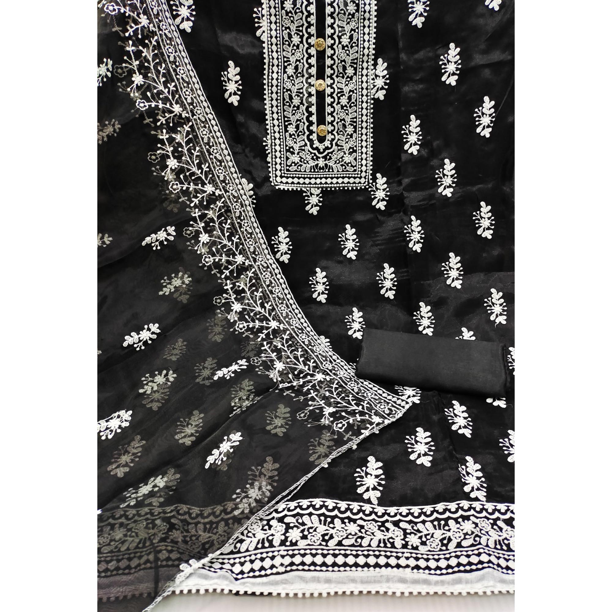 Black Floral Embroidered Organza Dress Material